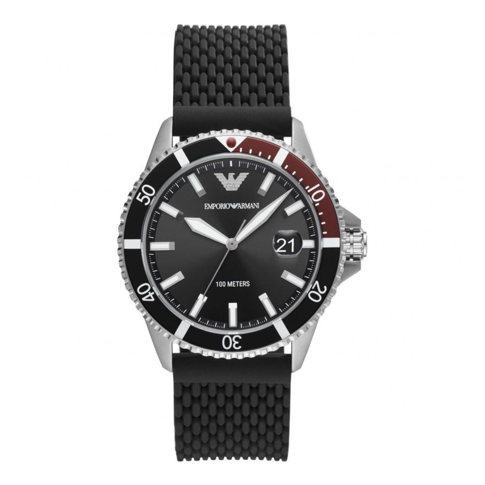 ساعة للرجال سيليكون اسود فضي امبوريو ارماني Emporio Armani Mens Silicone Strap Watch Ar11341