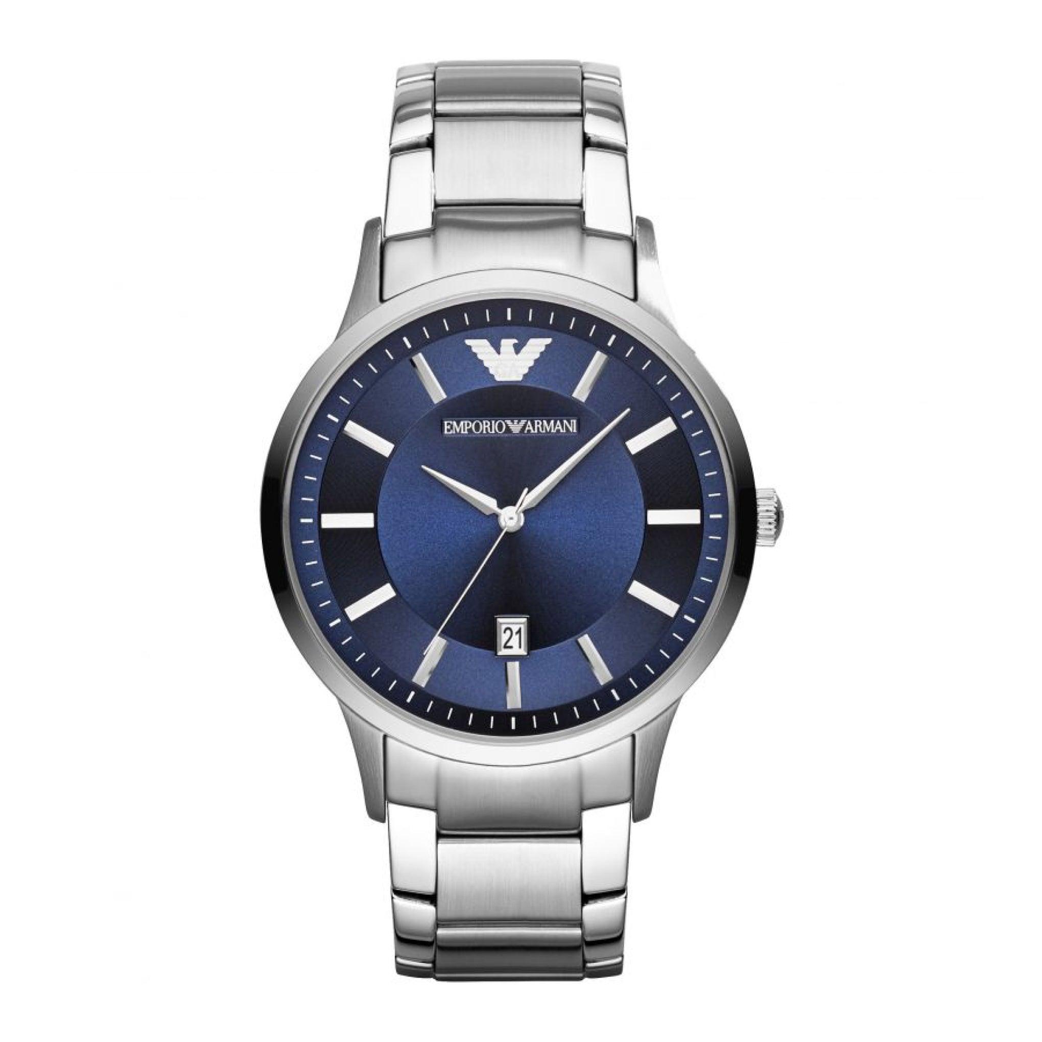 ساعة للرجال ستانلس ستيل فضي ازرق امبوريو ارماني Emporio Armani Men's Three-Hand Date Stainless Steel Watch - Ar11180
