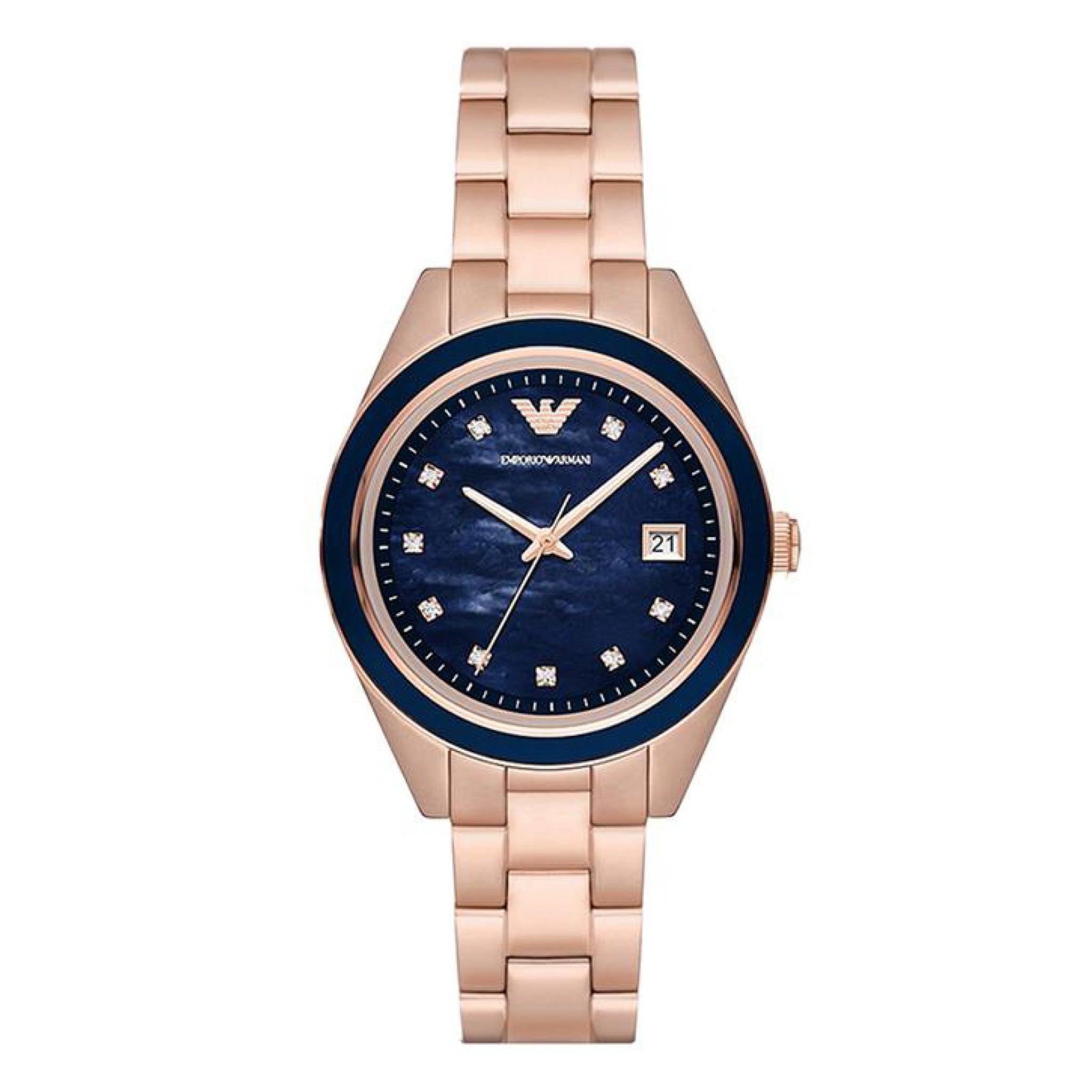 ساعة نسائية ستانلس ستيل دهبي اسود امبوريو ارماني Emporio Armani Three-Hand Date Rose Gold-Tone Stainless Steel Watch Ar11449