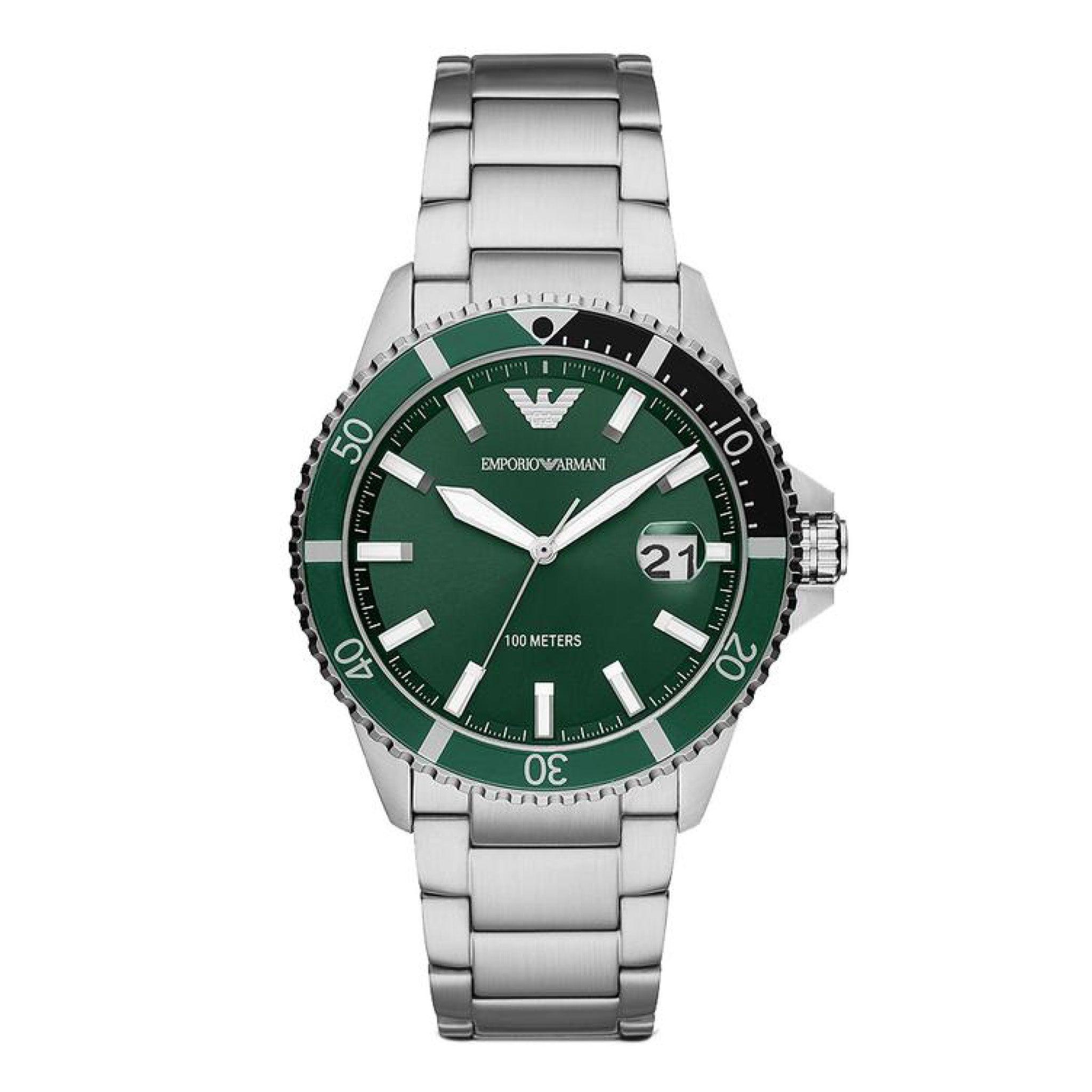 ساعة للرجال ستانلس ستيل فضي اخضر امبوريو ارماني Emporio Armani Three-Hand Date Stainless Steel Watch Ar11338