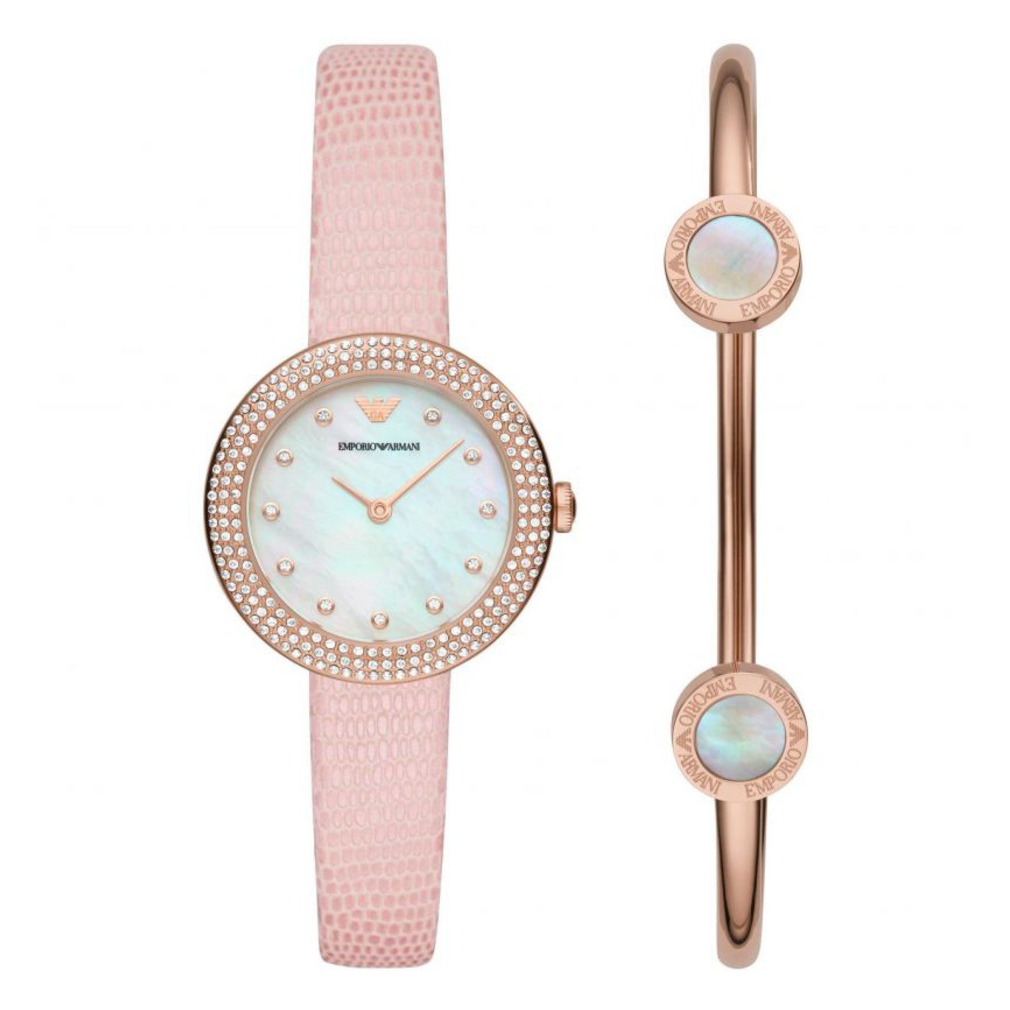 ساعة نسائية مع بلاك جلد وردي امبوريو ارماني Emporio Armani Two-Hand Pink Leather Watch And Bracelet Set - Ar80061set