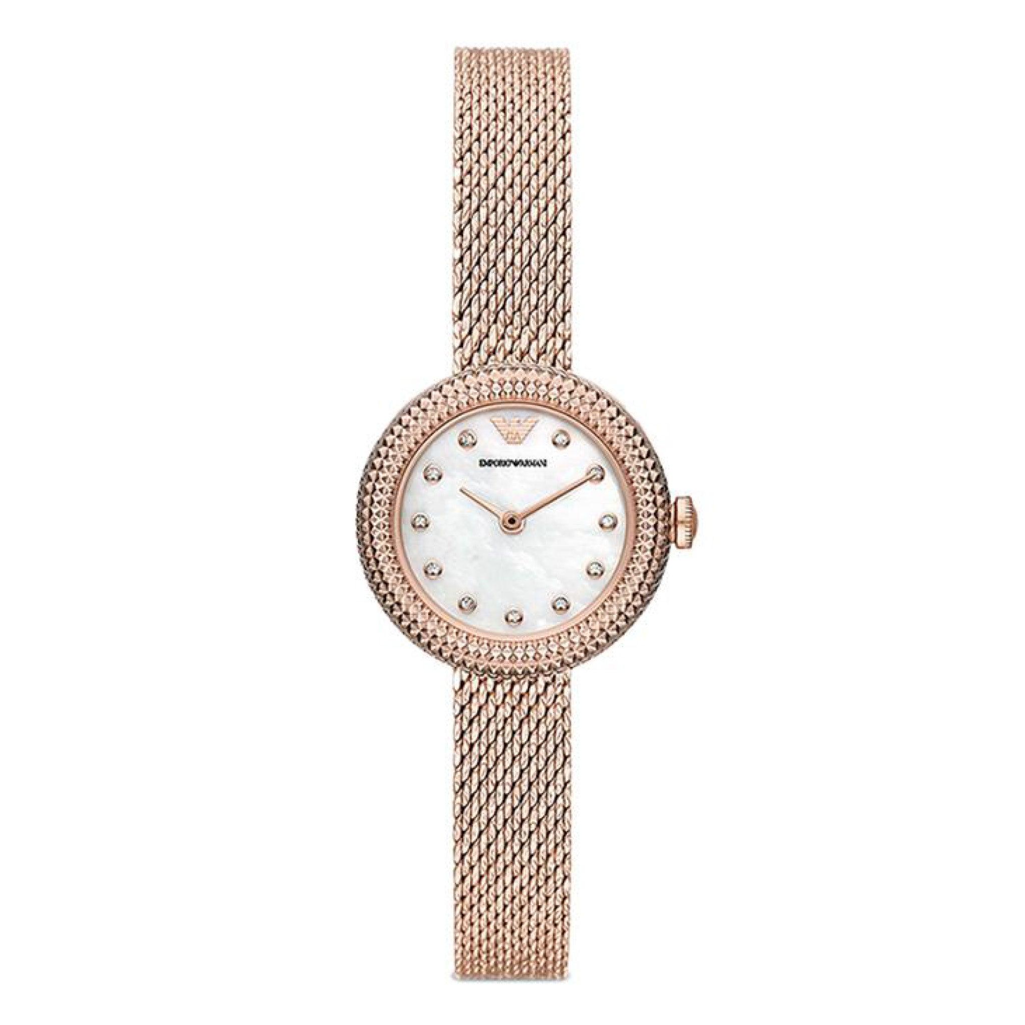 ساعة نسائية ستانلس ستيل دهبي ابيض امبوريو ارماني Emporio Armani Two-Hand Rose Gold-Tone Stainless Steel Mesh Watch Ar11416