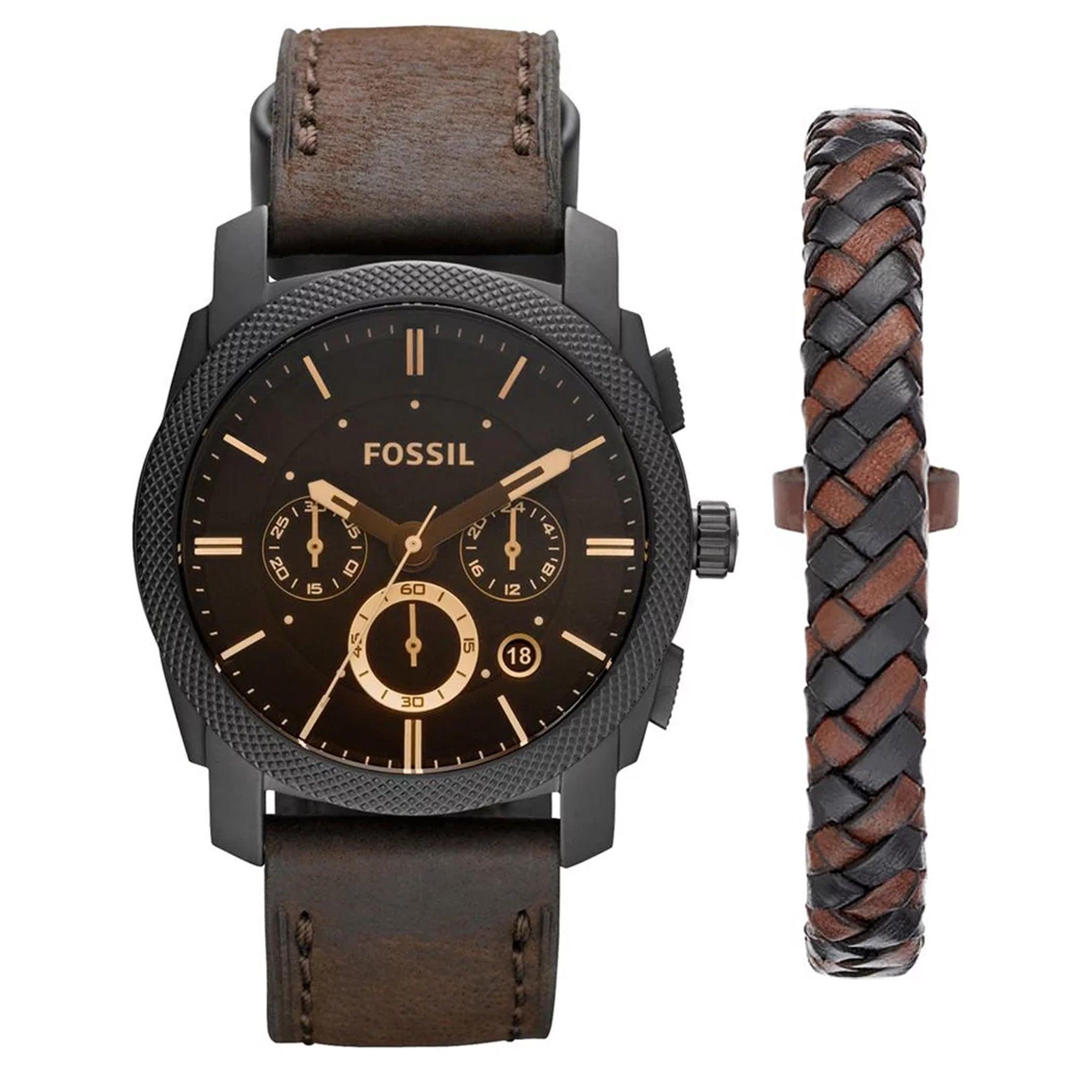 Fossil Fs5251set Machine Chronograph Dark Brown Leather Men's Watch And Bracelet Box Set