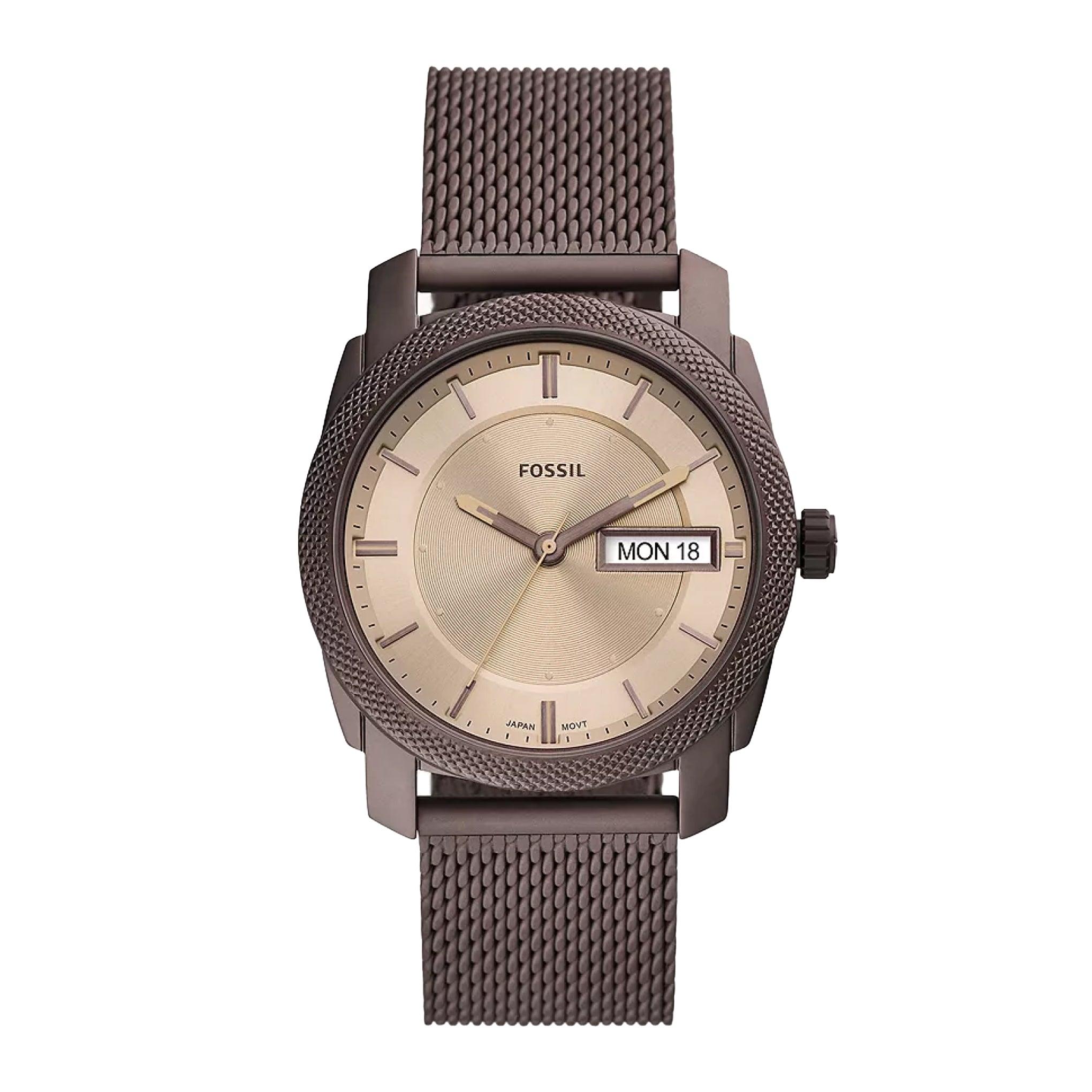 Fossil Men's Machine Three-Hand Day-Date Brown Stainless Steel Mesh Watch Fs5936