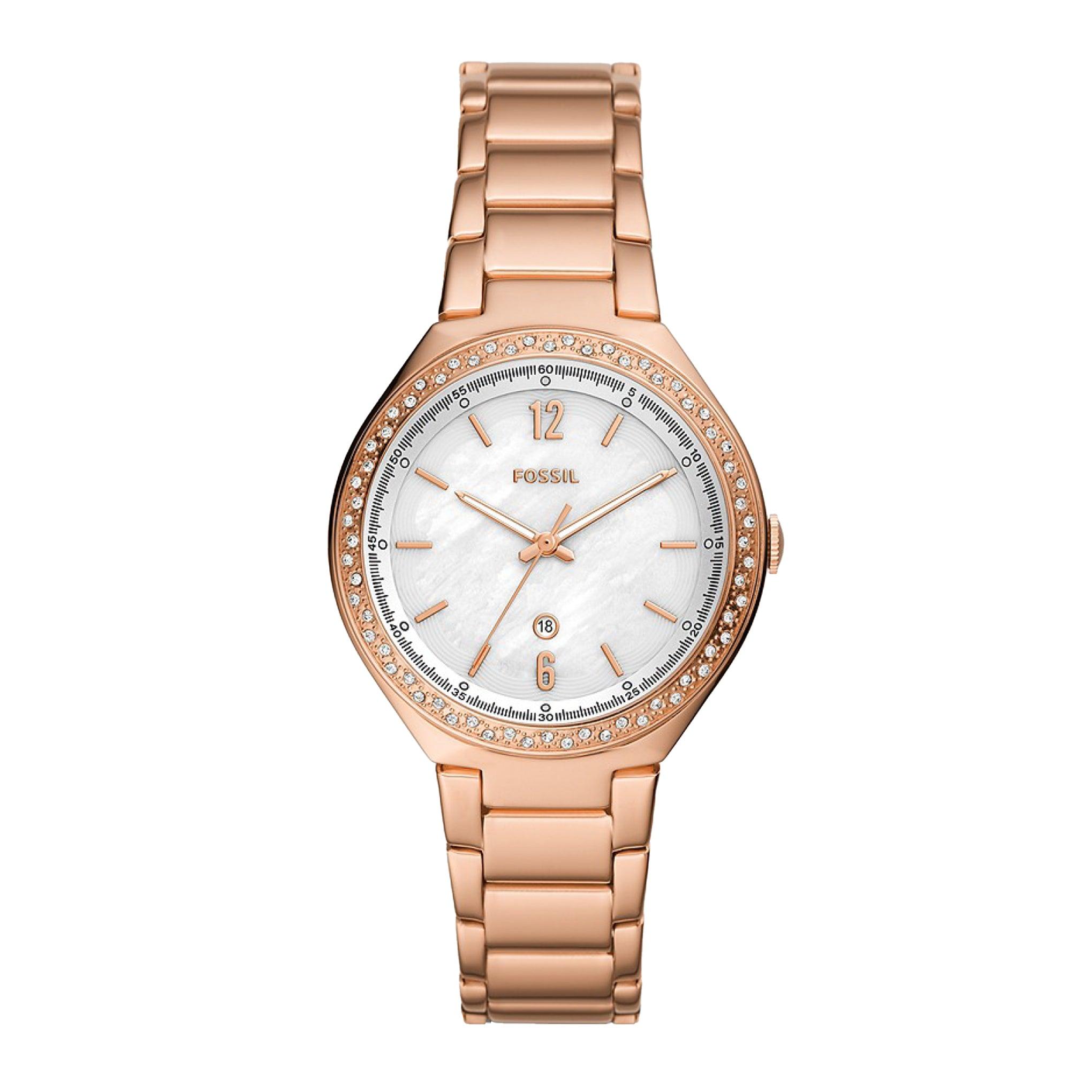 Fossil Women's Ashtyn Three-Hand Watch With Date In Stainless Steel, Rose Gold Watch Bq3841