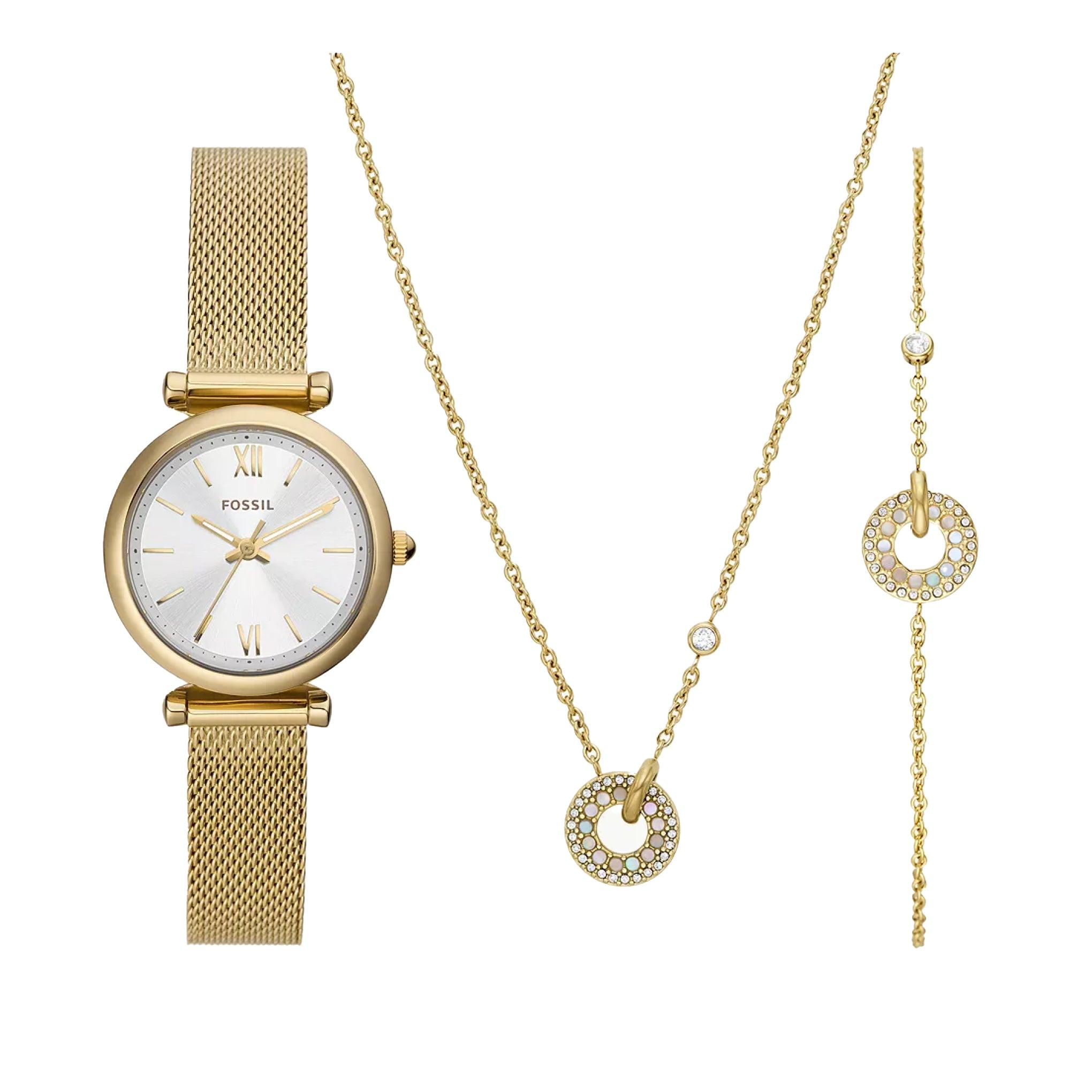 Fossil Women's Carlie Three-Hand Gold-Tone Stainless Steel Mesh Watch And Jewelry Set Es5251set