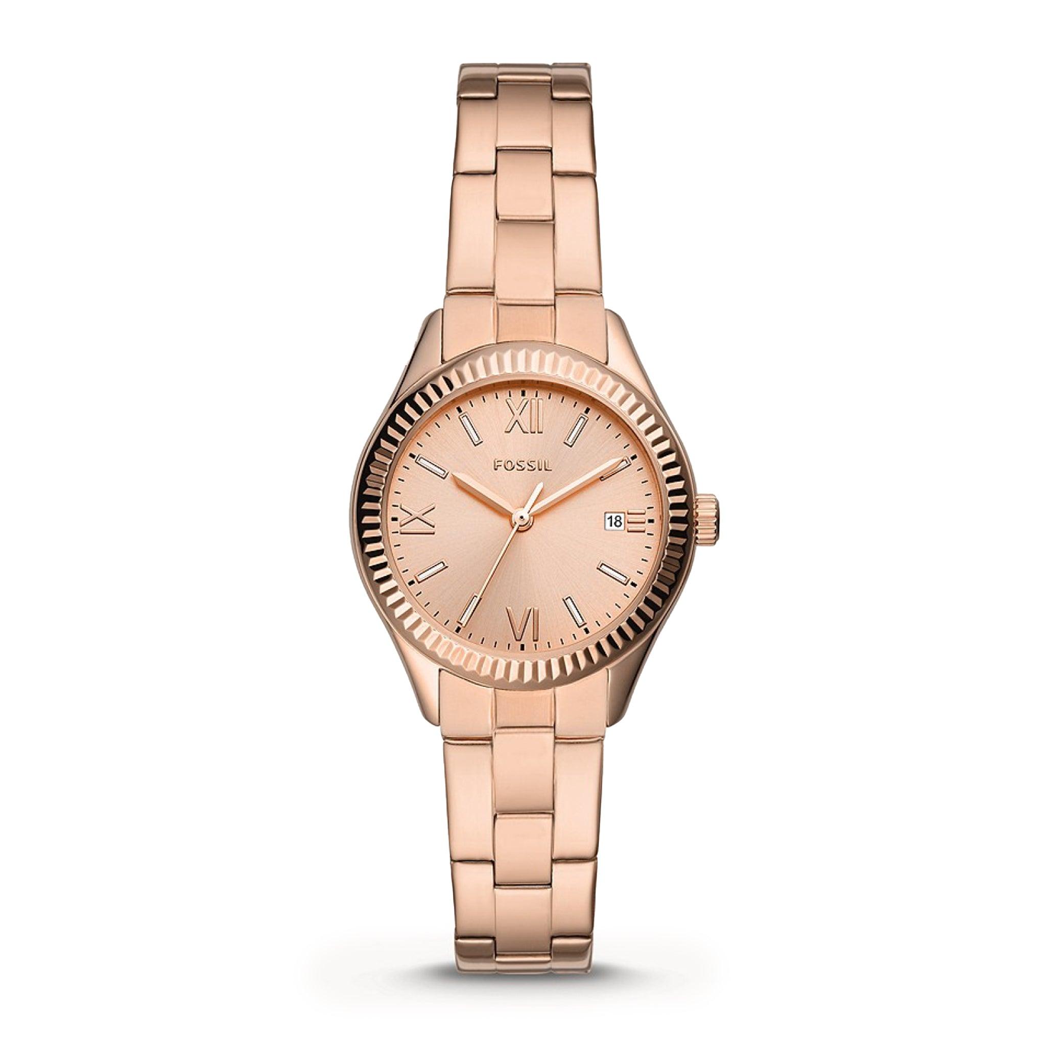 Fossil Womens Rye Three-Hand Date Rose Gold-Tone Stainless Steel Watch Bq3639