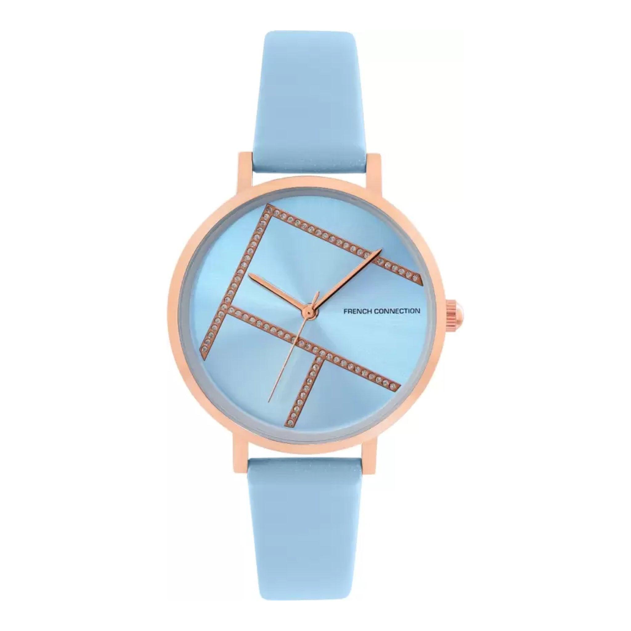 ساعات نسائية ستانلس ستيل 34 ملم أزرق أنالوغ كوارتز فرينش كونيكشن French Connection Analog Blue Leather Quartz Women's Watch Fcn00012a