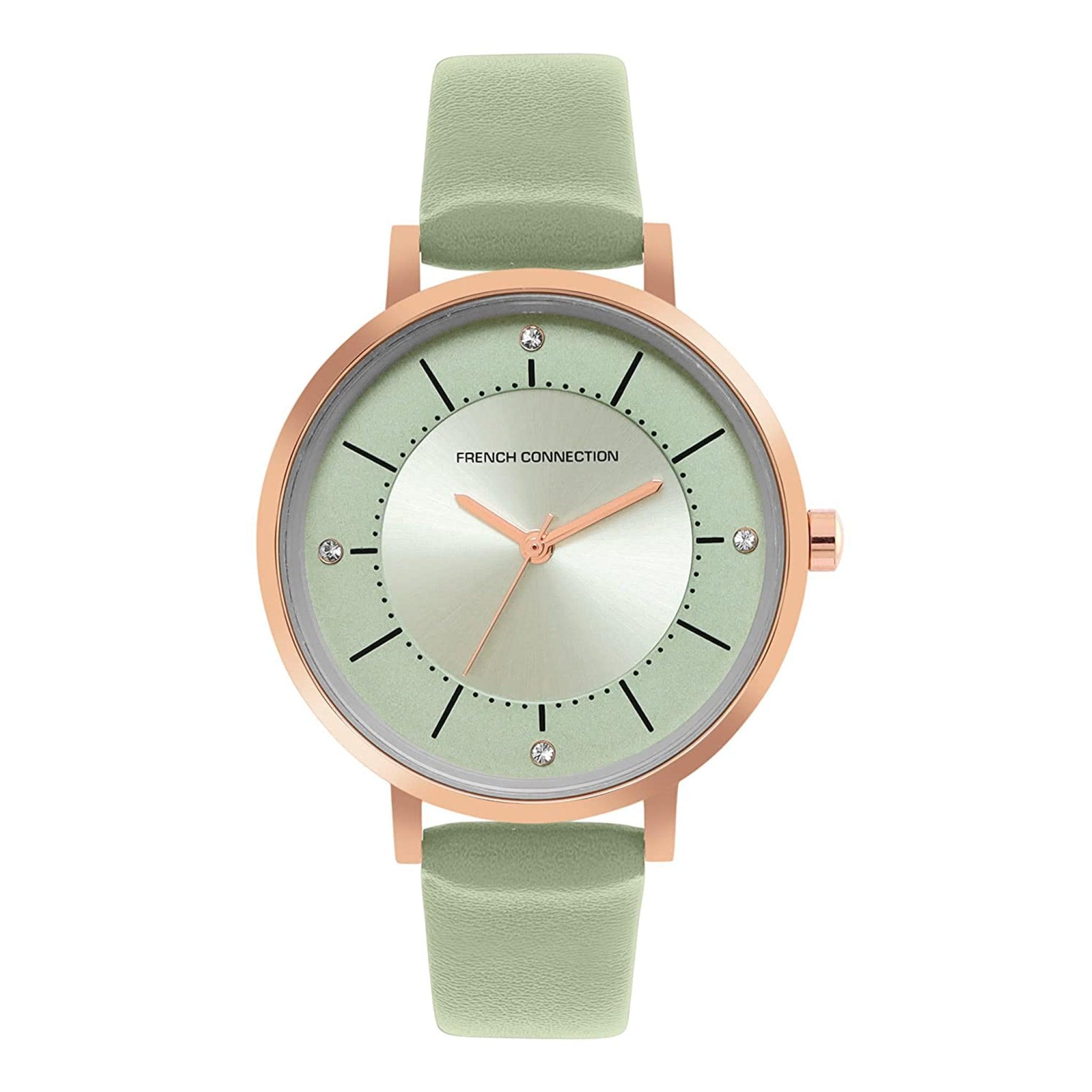 ساعات نسائية ستانلس ستيل 34 ملم أخضر أنالوغ كوارتز فرينش كونيكشن French Connection Analog Green Leather Quartz Women's Watch Fcn00010b