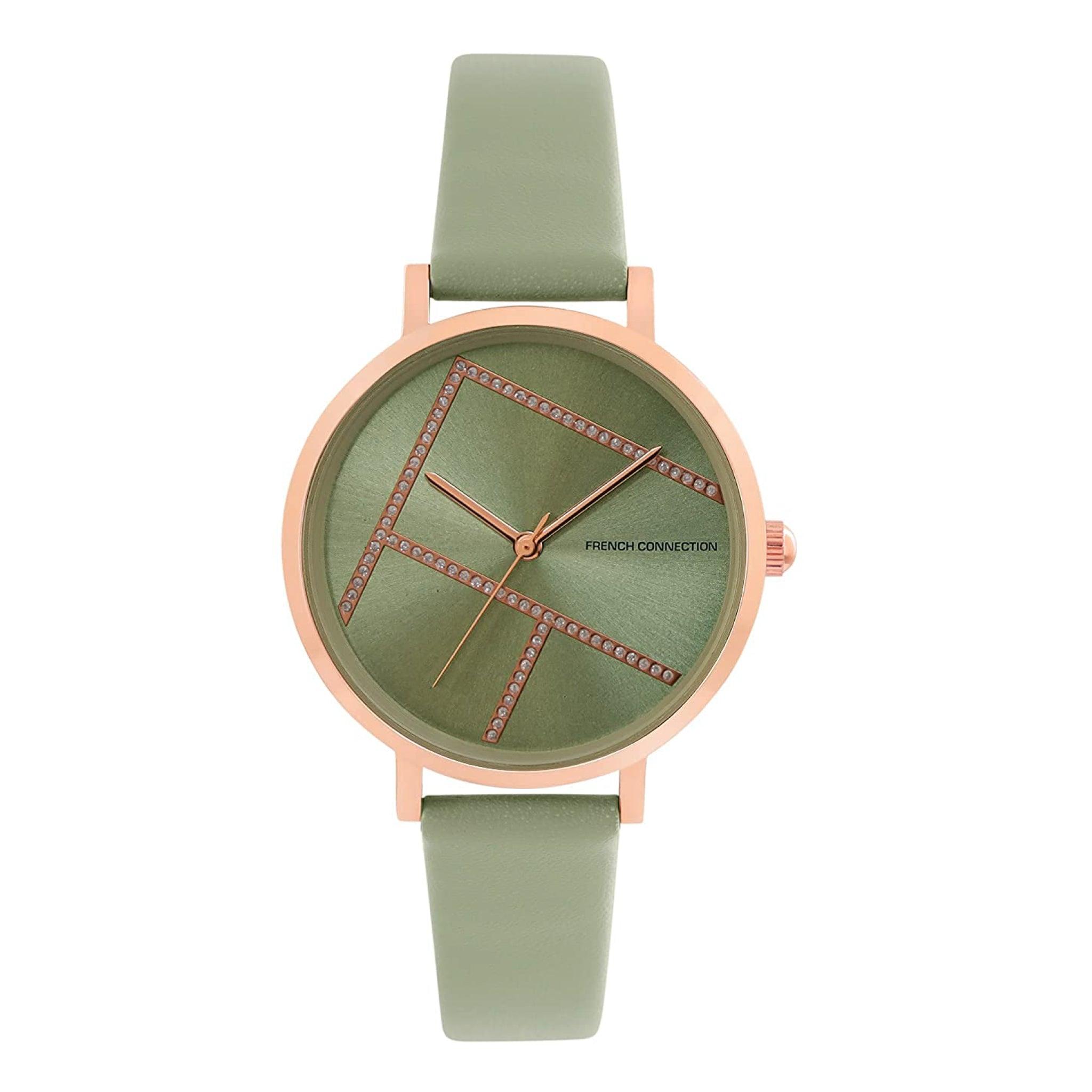 ساعات نسائية ستانلس ستيل 34 ملم أخضر أنالوغ كوارتز فرينش كونيكشن French Connection Analog Green Leather Quartz Women's Watch Fcn00012b