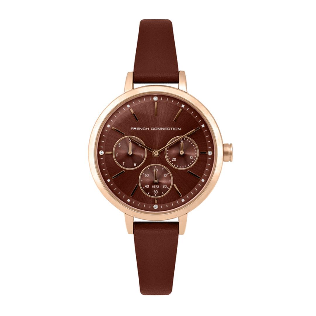 ساعات نسائية ستانلس ستيل 36 ملم بني أنالوغ كوارتز فرينش كونيكشن French Connection Brown Leather Quartz Women's Watch Fc134t