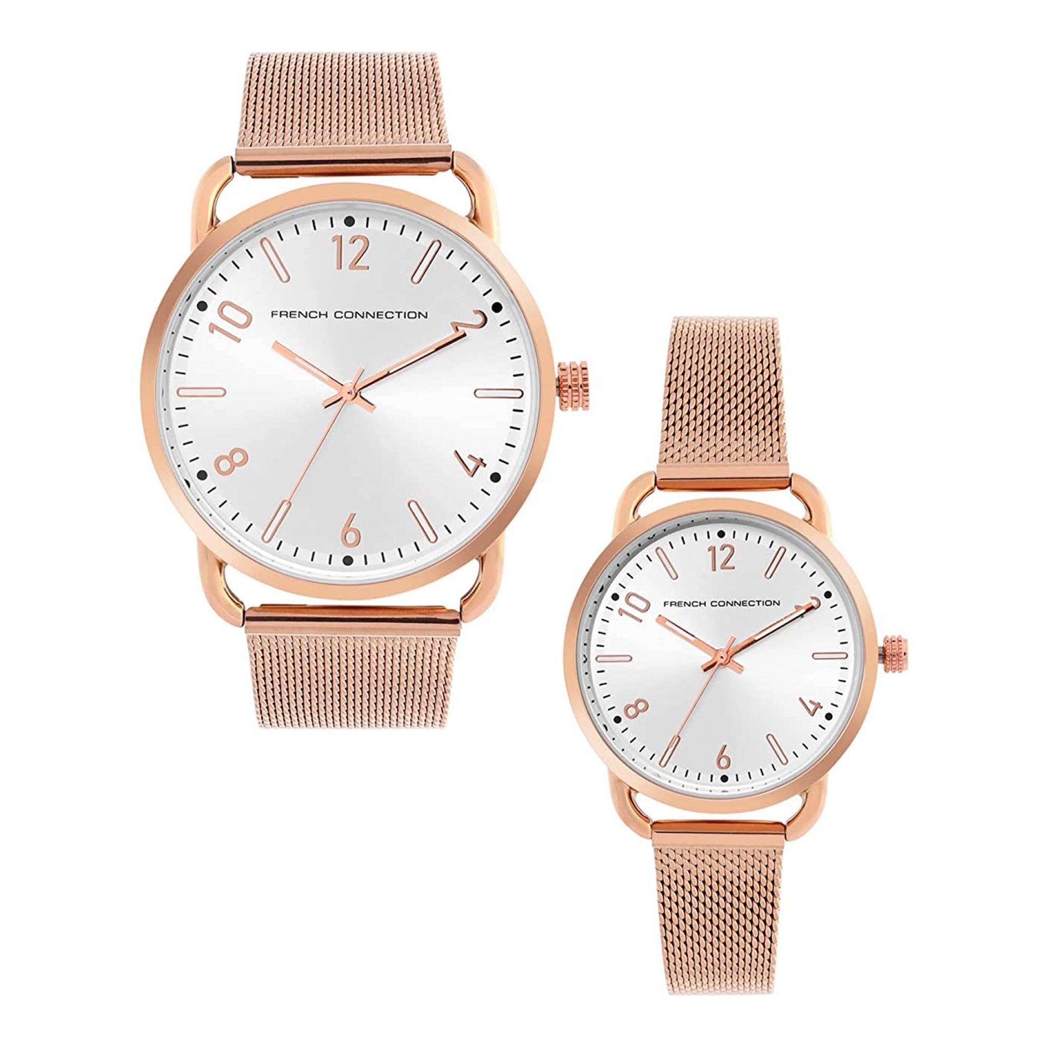 ساعات يد ستانلس ستيل 42 ملم قطعتين غولد روز أنالوغ  فرينش كونيكشن French Connection Couple Set Analog Rose Gold Watch Fcn00011c