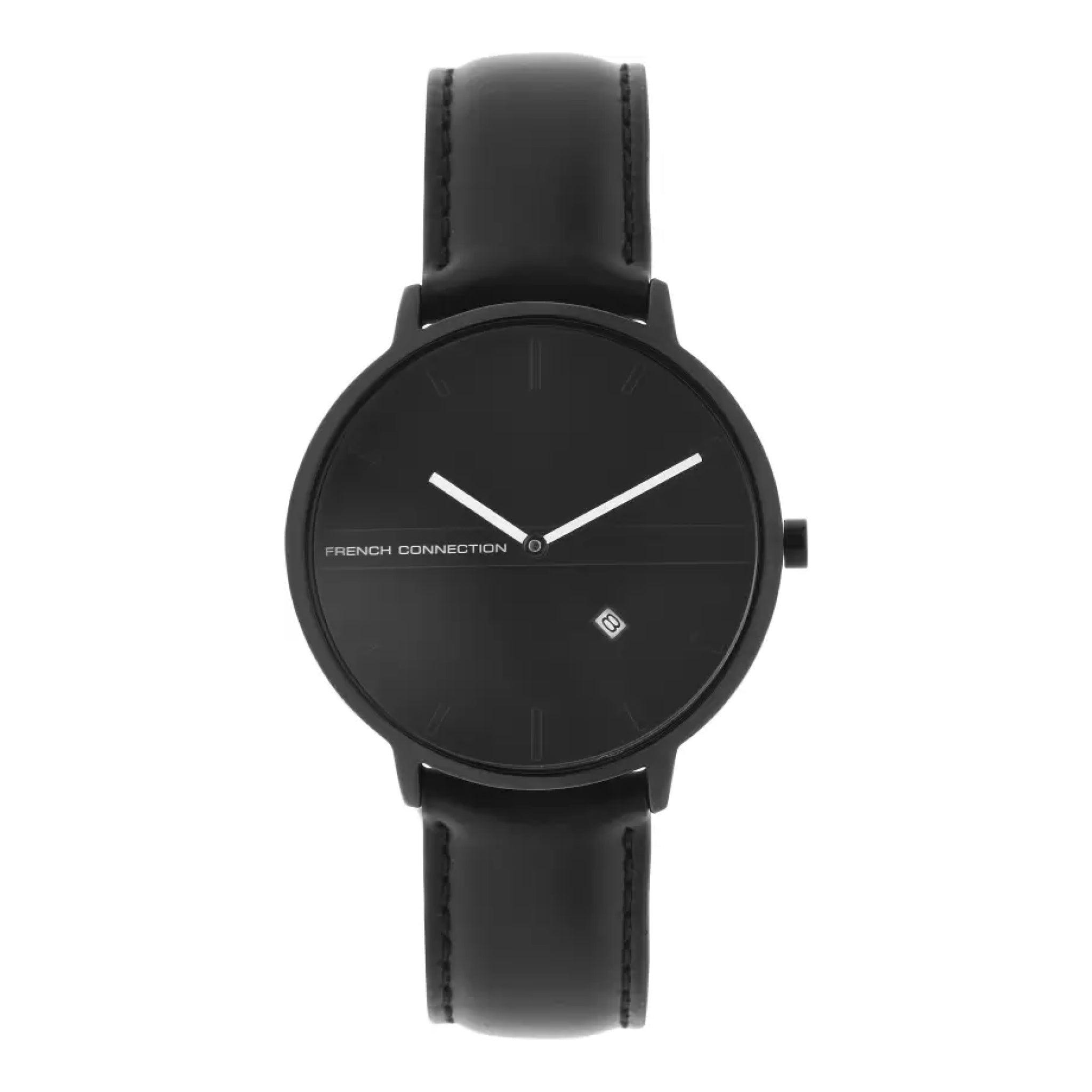 ساعات رجالية ستانلس ستيل 43 ملم أنالوغ أسود فرينش كونيكشن  French Connection Men's Black Leather Quartz Watch Fcm0001c