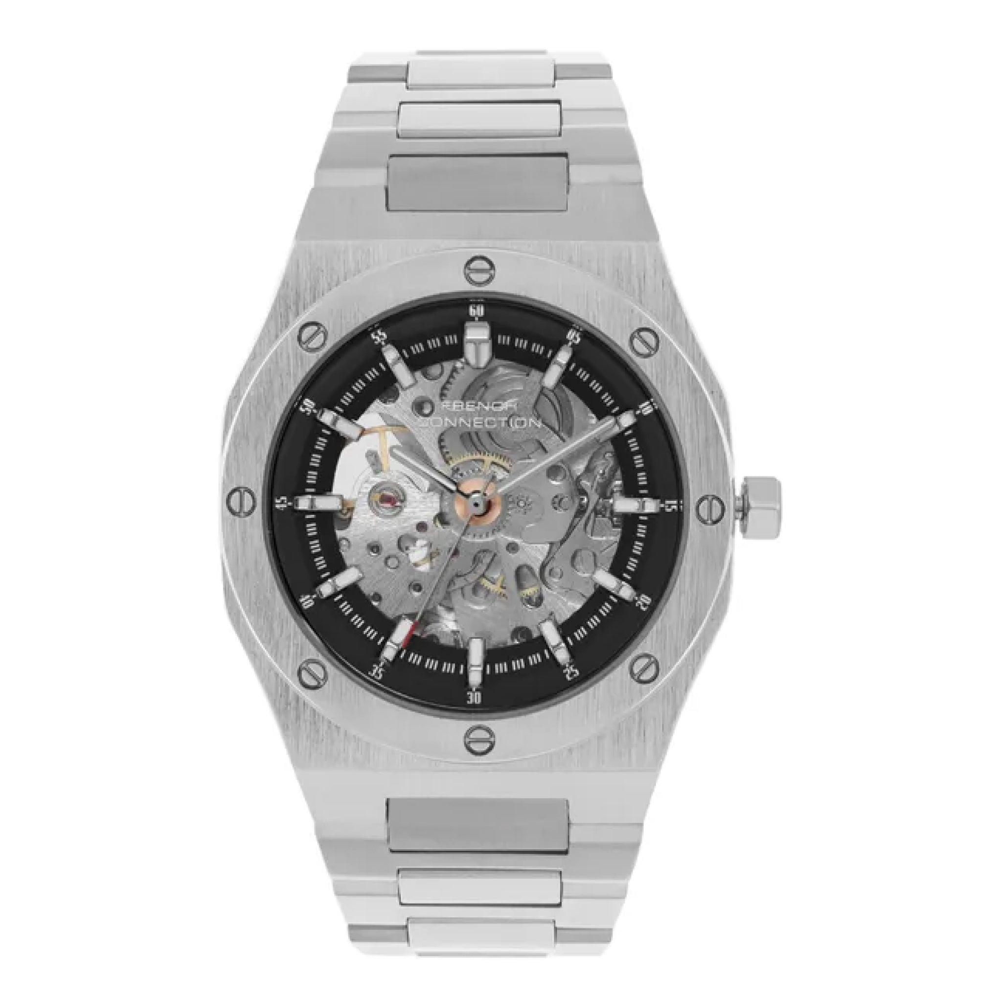 ساعات رجالية ستانلس ستيل 40 ملم أنالوغ فضي اوتوماتيك فرينش كونيكشن  French Connection Skeleton Men's Silver Automatic Watch Fca02-1