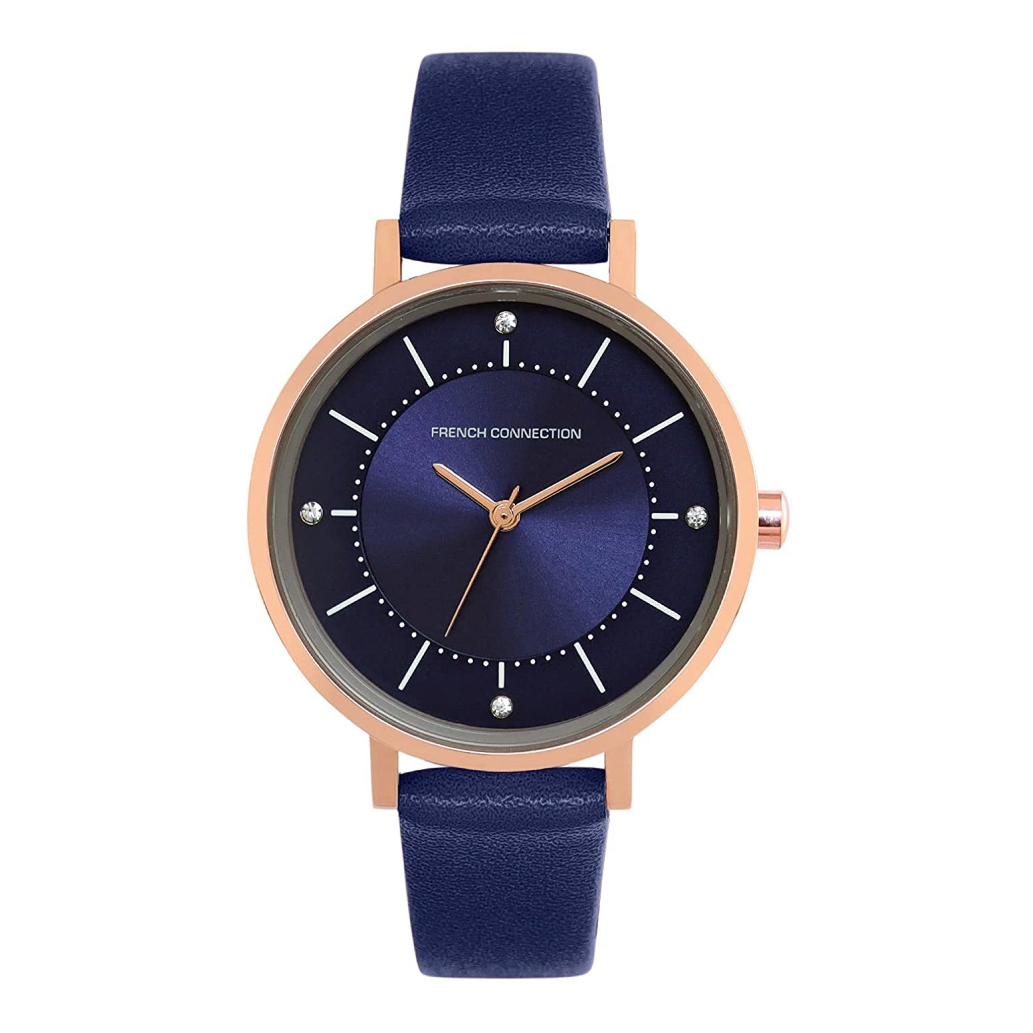 ساعات نسائية ستانلس ستيل 34 ملم أزرق غامق أنالوغ كوارتز فرينش كونيكشن French Connection Womens Analogue Wrist Leather Watch Fcn00010d