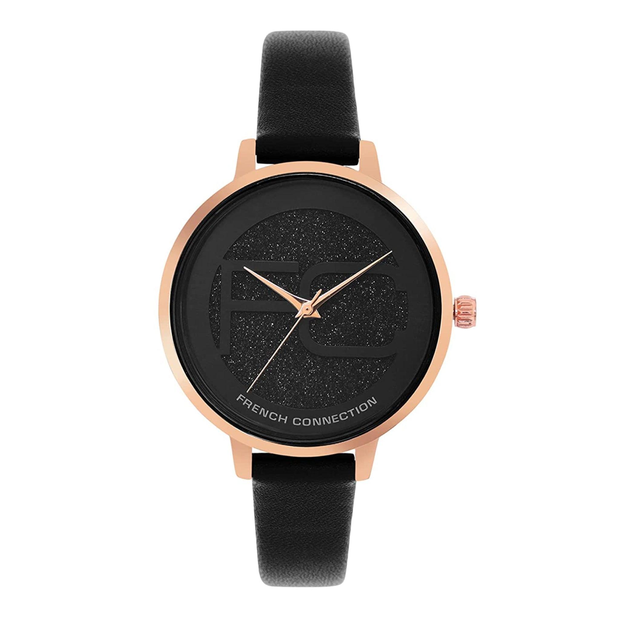 ساعات نسائية ستانلس ستيل 34 ملم أسود أنالوغ كوارتز فرينش كونيكشن French Connection Women's Black Leather Quartz Watch Fc21-26b