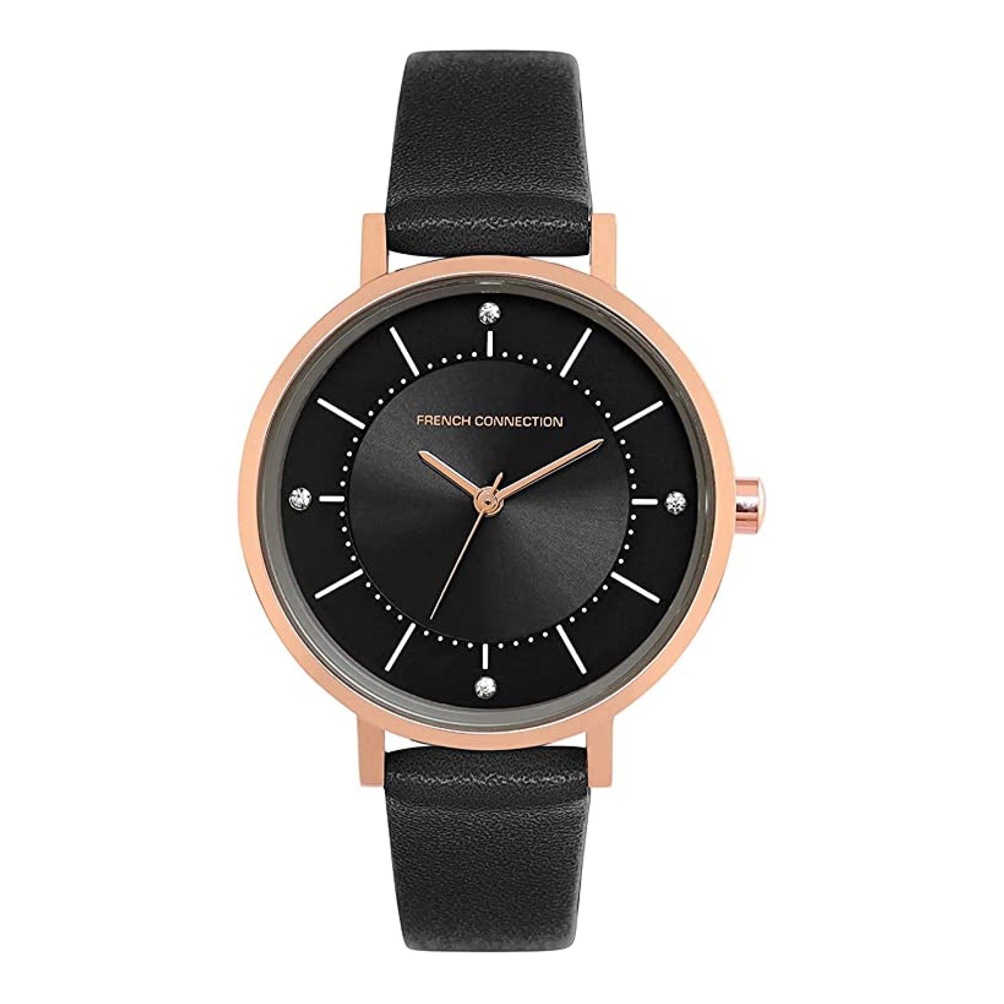 ساعات نسائية ستانلس ستيل 34 ملم أسود أنالوغ كوارتز فرينش كونيكشن French Connection Women's Black Leather Quartz Watch Fcn00010c