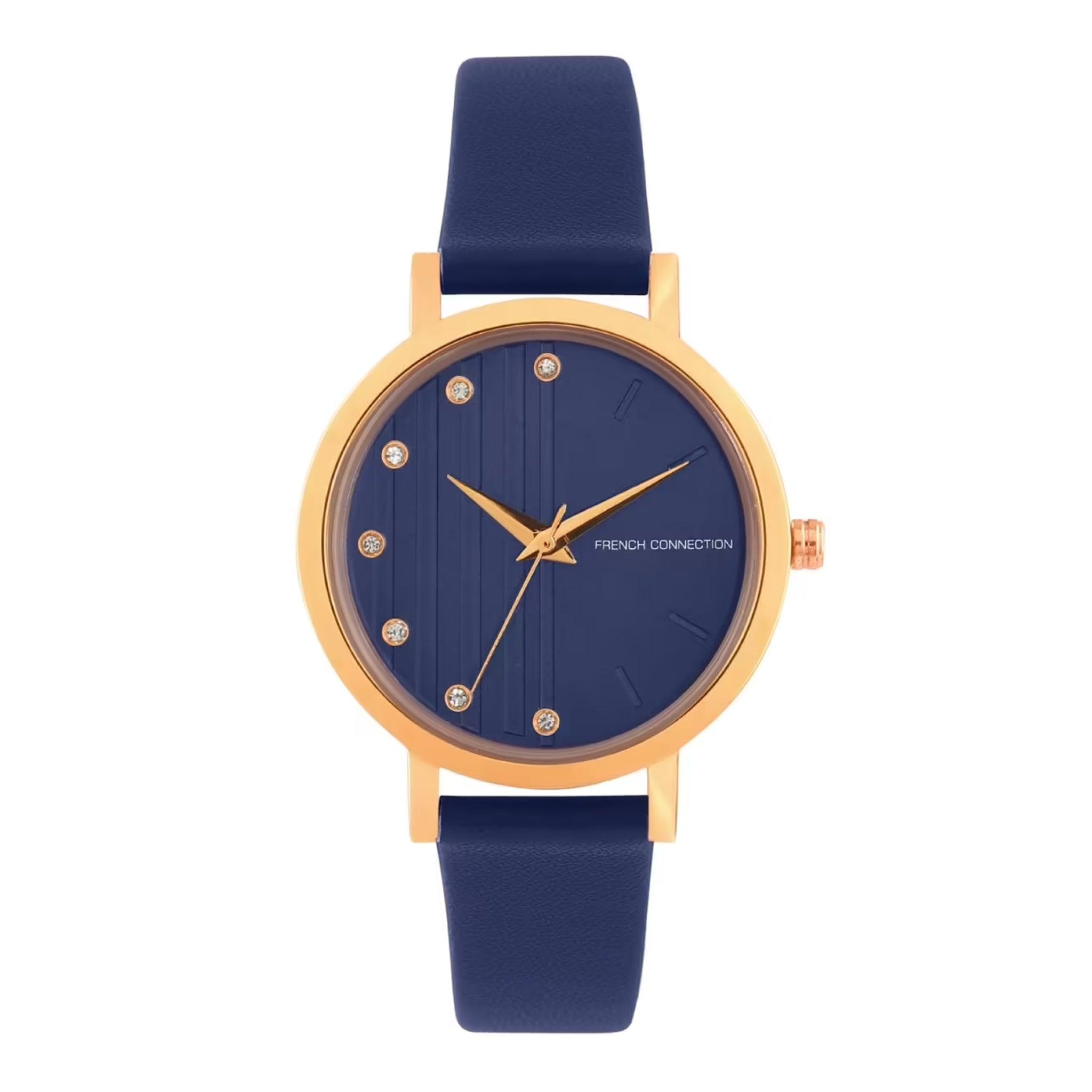 ساعات نسائية ستانلس ستيل 34 ملم أزرق أنالوغ كوارتز فرينش كونيكشن French Connection Womens Blue Leather Quartz Watch Fc20-63g-R