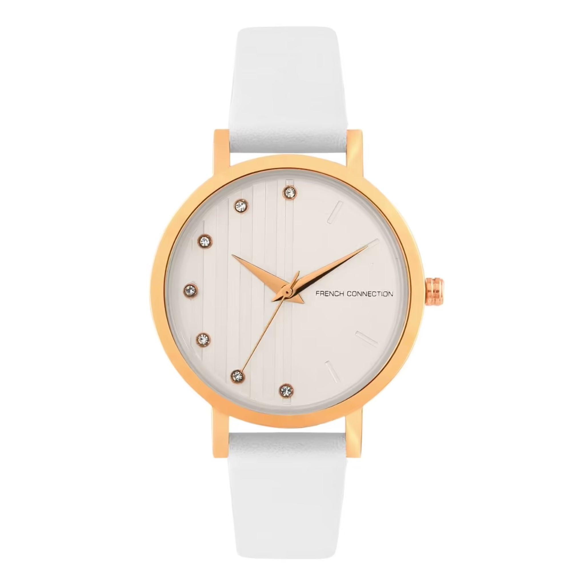 ساعة يد نسائية جلد أبيض هيكل ذهبي 34ملم فرنش كونكشن French Connection Fc20-63b-R