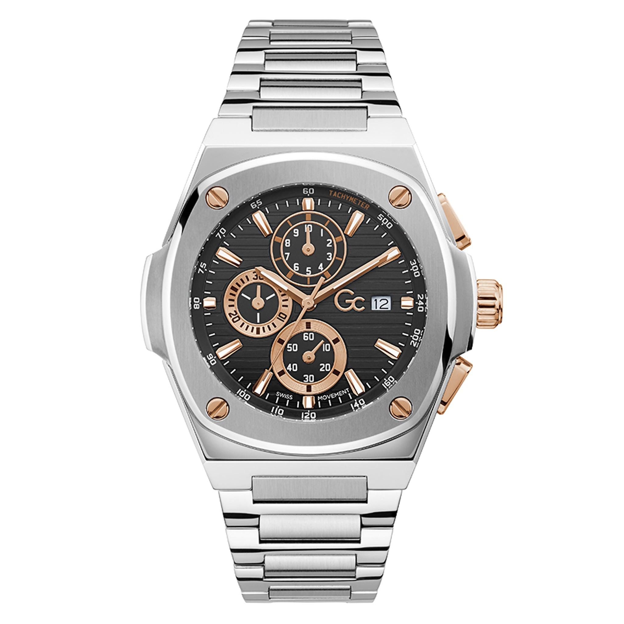 ساعات جي سي رجالية ستانلس ستيل 44 ملم كوسين كرونو كوارتز Gc Men's Coussin Shape Chrono Silver Metal Watch Y99001g2mf