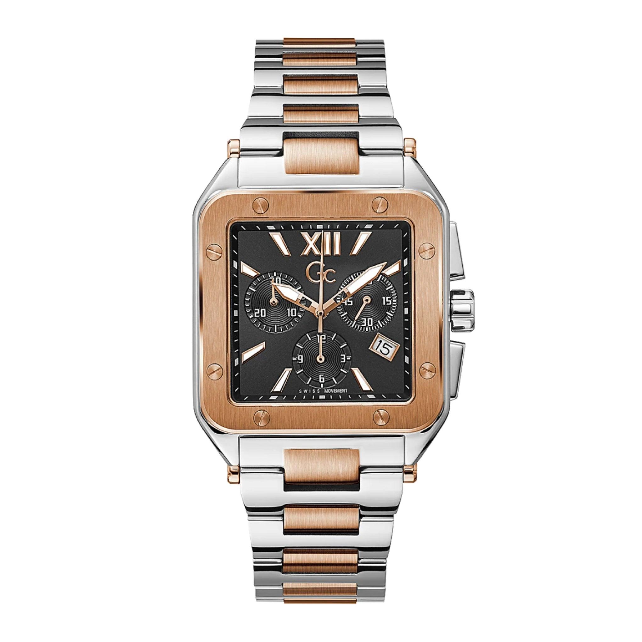 ساعات جي سي رجالية ستانلس ستيل 37 ملم مربعة كوارتز كوتور Gc Men's Couture Square Chrono Metal Two Tone Watch Z08001g2mf