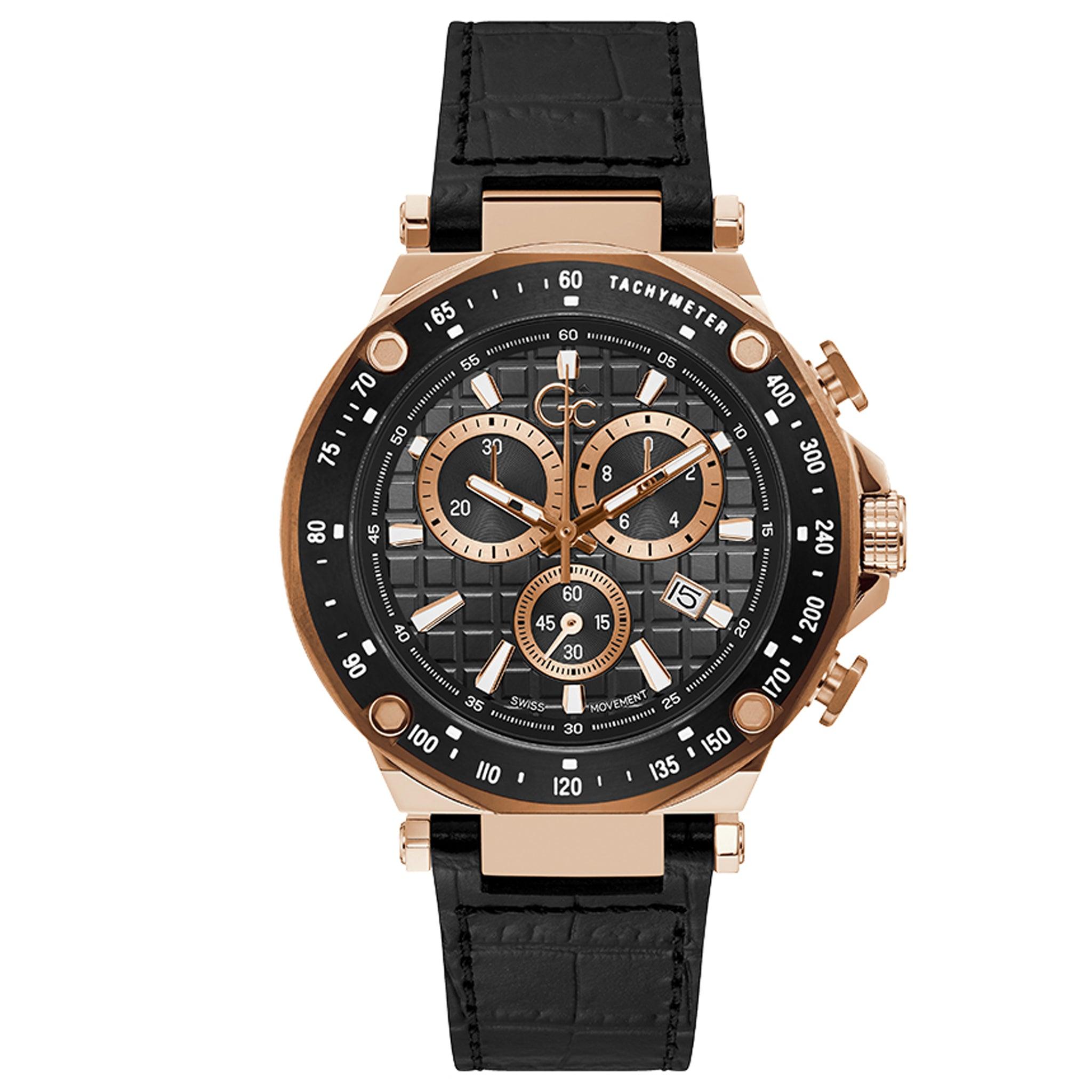 ساعات جي سي رجالية ستانلس ستيل 45 ملم سبيريت أنالوغ  Gc Men's Spirit Chronograph Analog Quartz Black Leather Watch Y81004g2mf