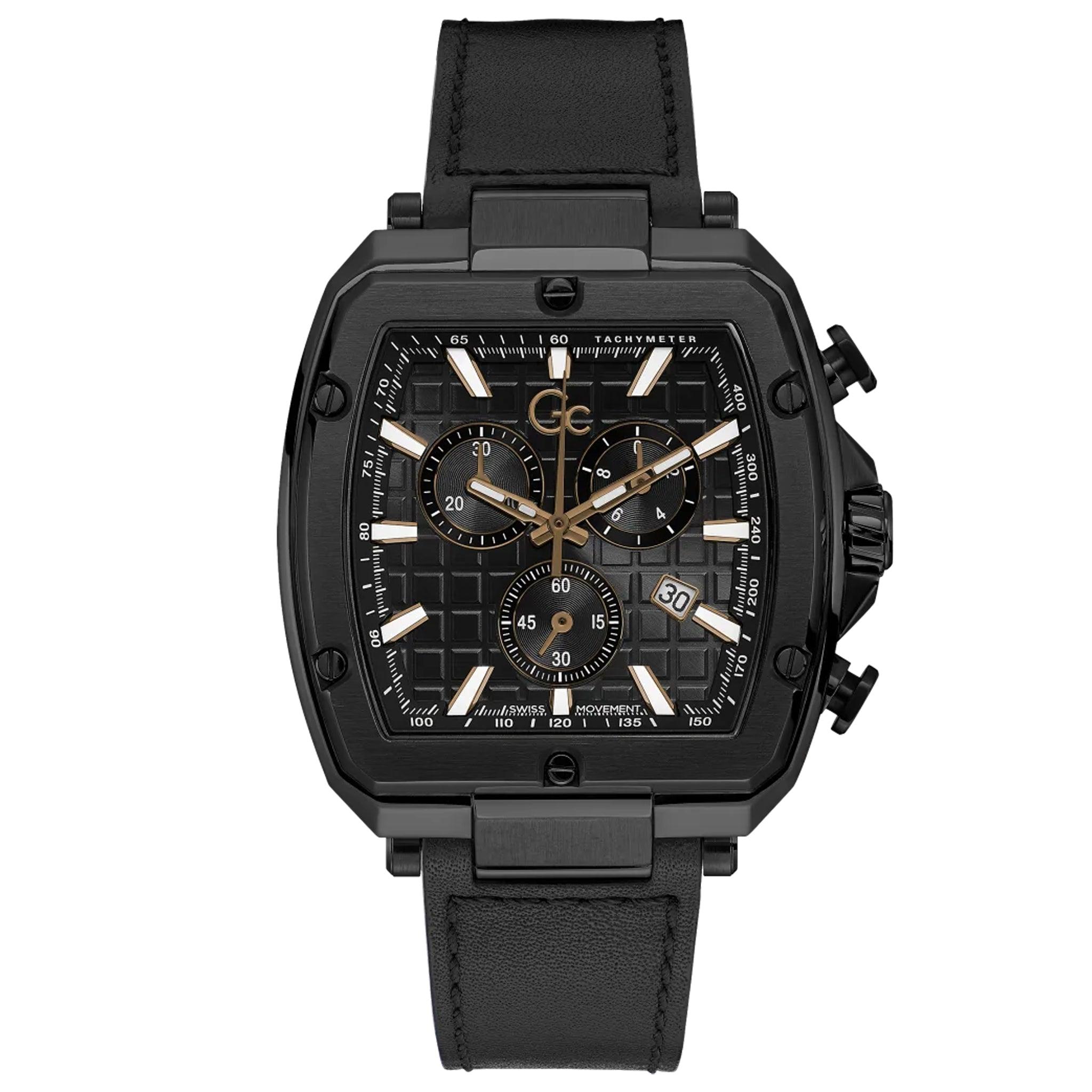 ساعات جي سي رجالية ستانلس ستيل 45 ملم أسود أنالوغ Gc Men's Spirit Tonneau Chrono Black Flex Strap Watch Y83003g2mf