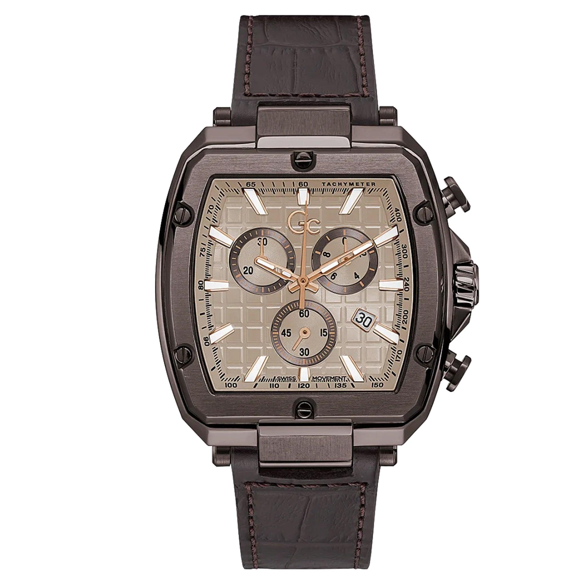 ساعات جي سي رجالية ستانلس ستيل 47.8 ملم سبيريت تونيو  Gc Men's Spirit Tonneau Chrono Brown Flex Strap Watch Y83008g1mf