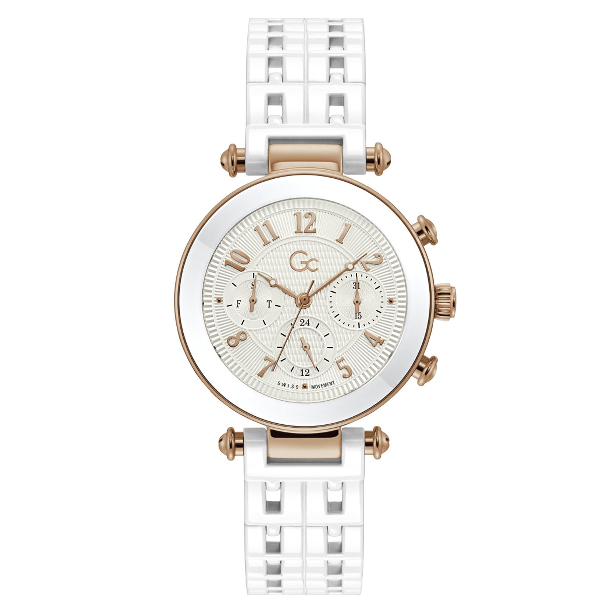 ساعات جي سي نسائية ستانلس ستيل 36 ملم برايم شيك سبورت أبيض Gc Women's Prime Chic Sport Chic Collection Watch Y65001l1mf