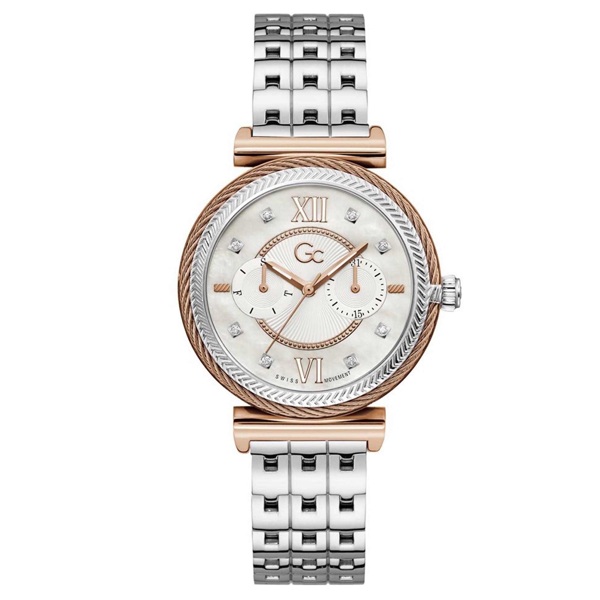 ساعات جي سي نسائية ستانلس ستيل 38 ملم ستار لايت أنالوج Gc Women's Star Light Analog Quartz White Dial Stainless Steel Watch Y76001l1mf