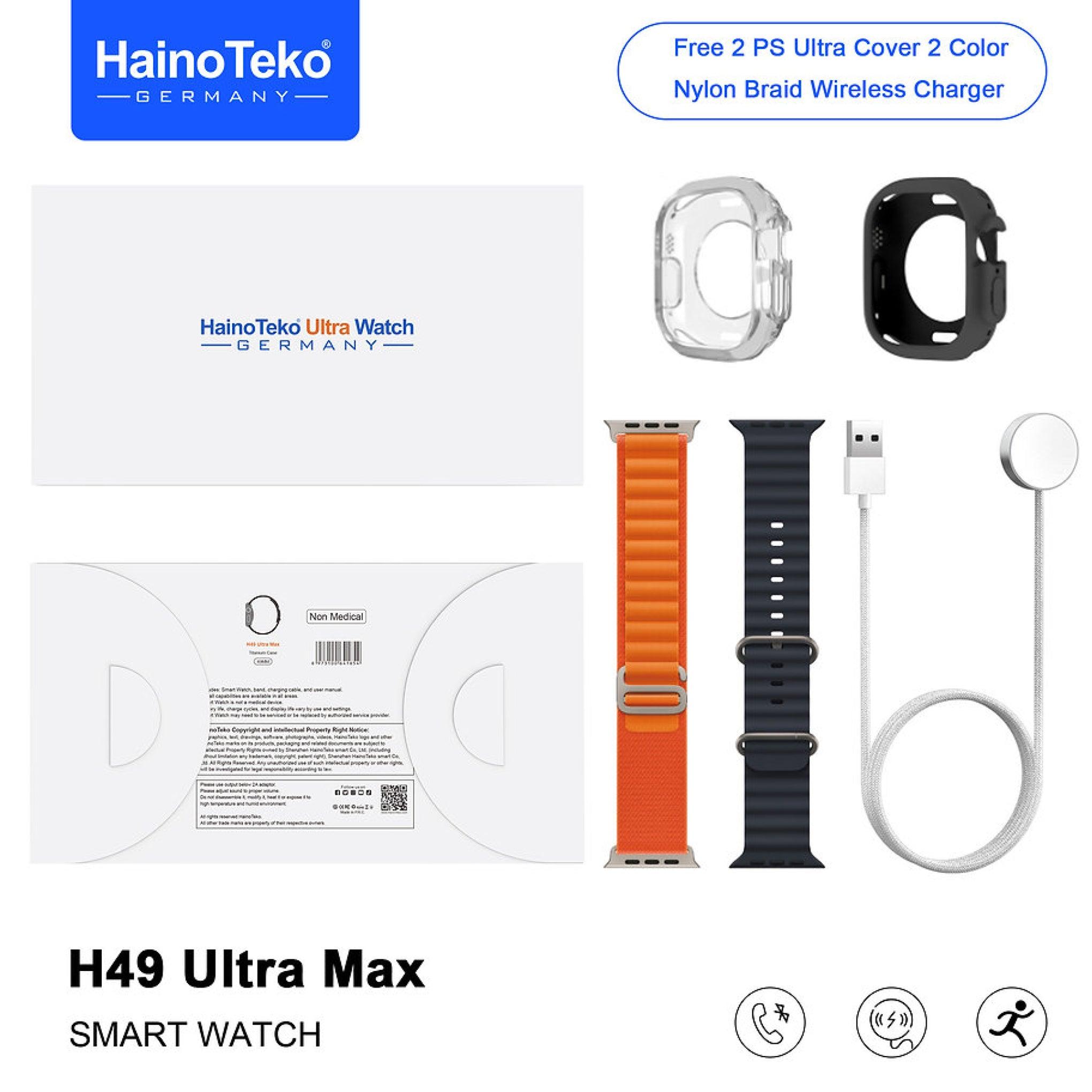 ساعة يد رجالية Ultra Max49 H بمجموعتين حزام و حافظتين غطاء حماية وشاحن لاسلكي هاينو تيكو Haino Teko Germany 49mm Hd Display Smart Watch H49 Ultra Max Two Set Strap And Two Case Protection Cover And Wireless Charger For Men