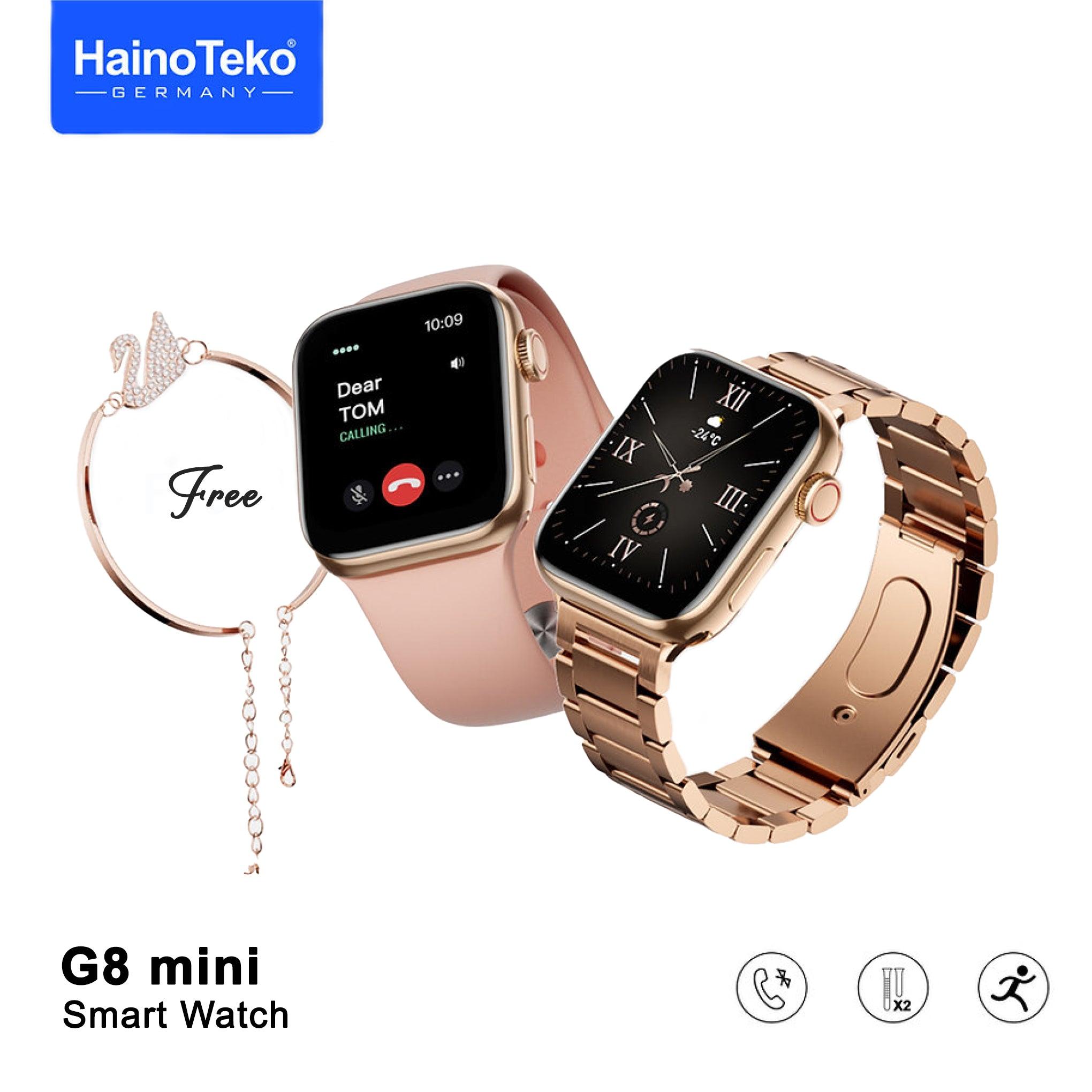 Haino Teko Germany G8 Mini Smart Watch 41mm With Two Set Strap Hd Smart Display Rose Gold Edition With Wireless Charger And Beautiful Bracelet For Ladies