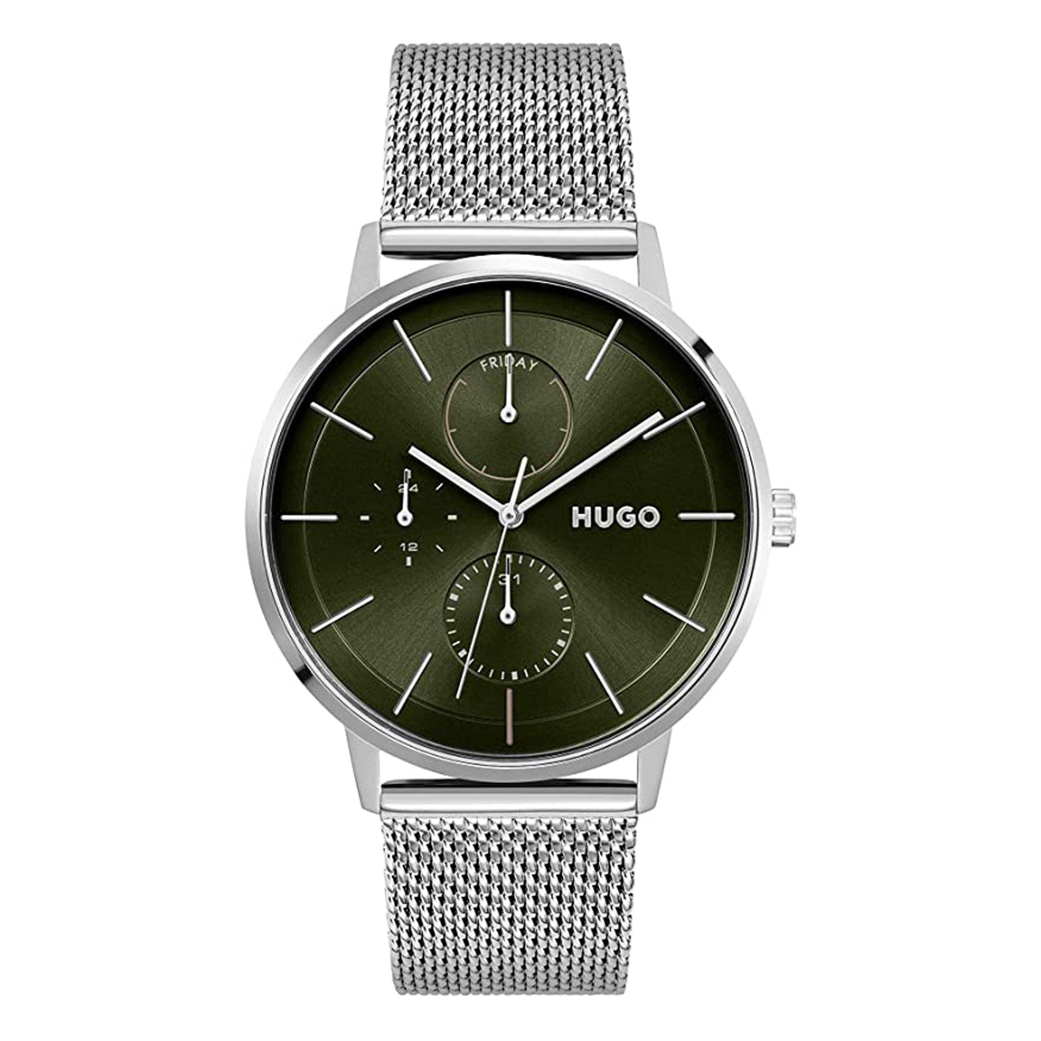 ساعة يد رجالية - فضي و مينا أسود - بحزام معدني مقاوم للصدأ هوغو بوس Hugo Boss Exist Multi Men's Stainless Steel Mesh Watch