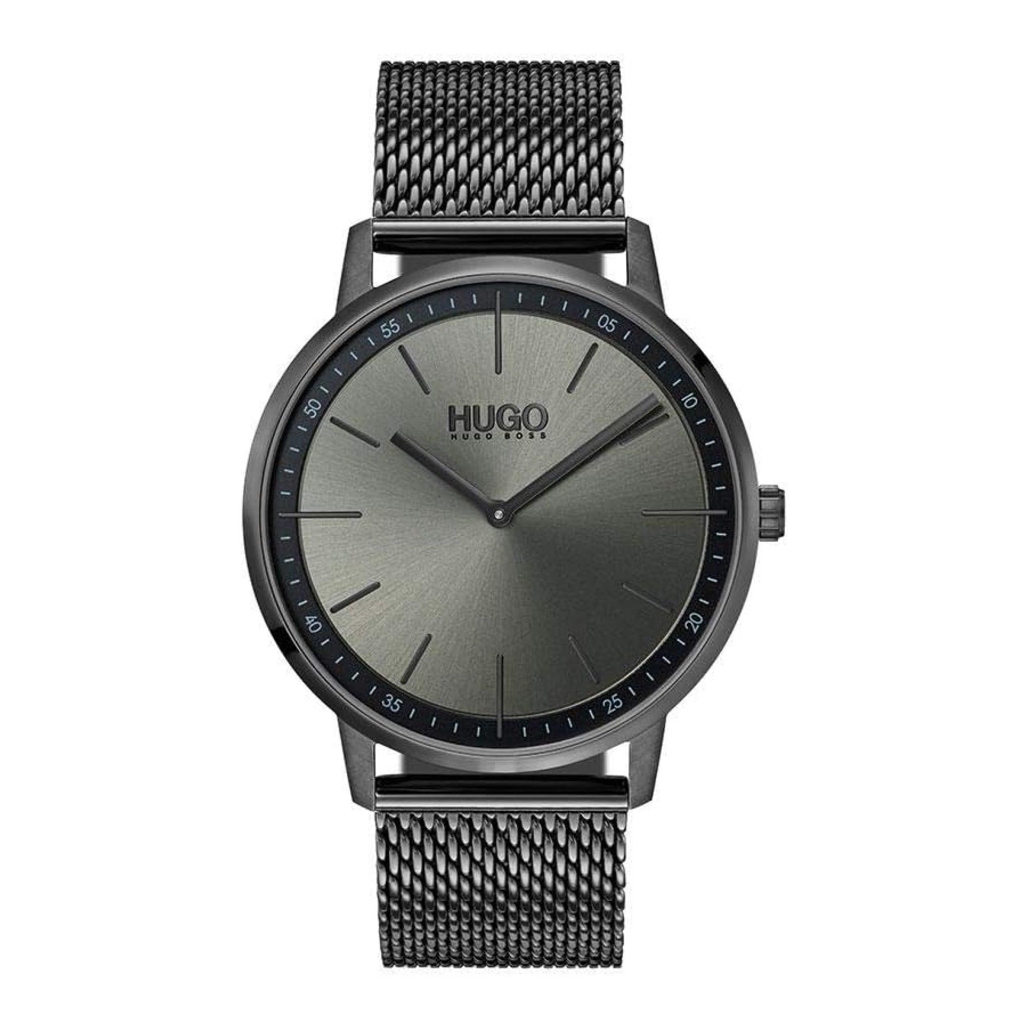 ساعة يد للجنسين - رمادي - بحزام معدني مقاوم للصدأ هوغو بوس Hugo Boss Exist Unisex Quartz Ionic Plated Grey Steel And Mesh Bracelet Watch