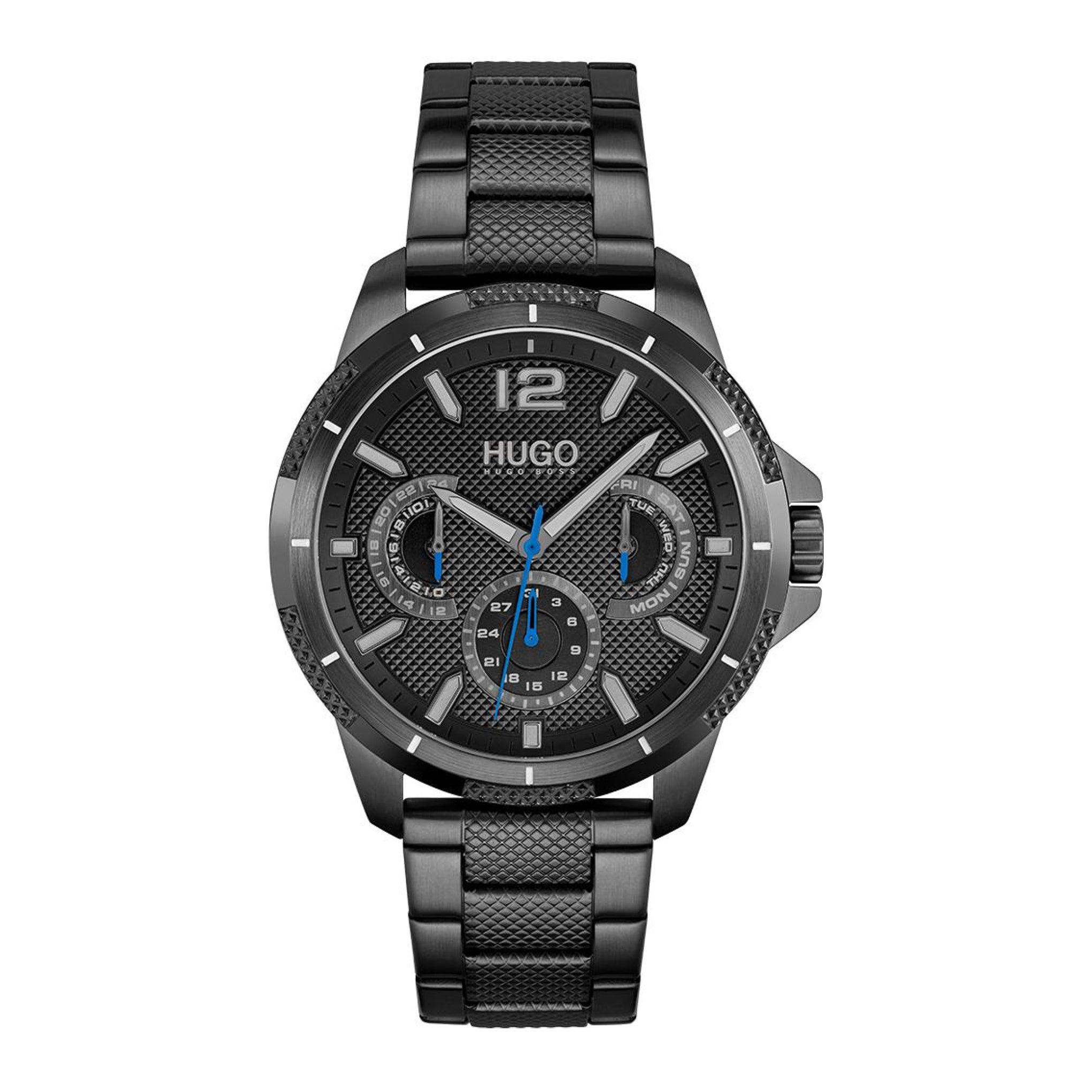 ساعة يد رجالية بسوار - أسود - بحزام معدني مقاوم للصدأ هوغو بوس Hugo Boss Men's Analog Multifunction Quartz Black Stainless Steel Bracelet Watch