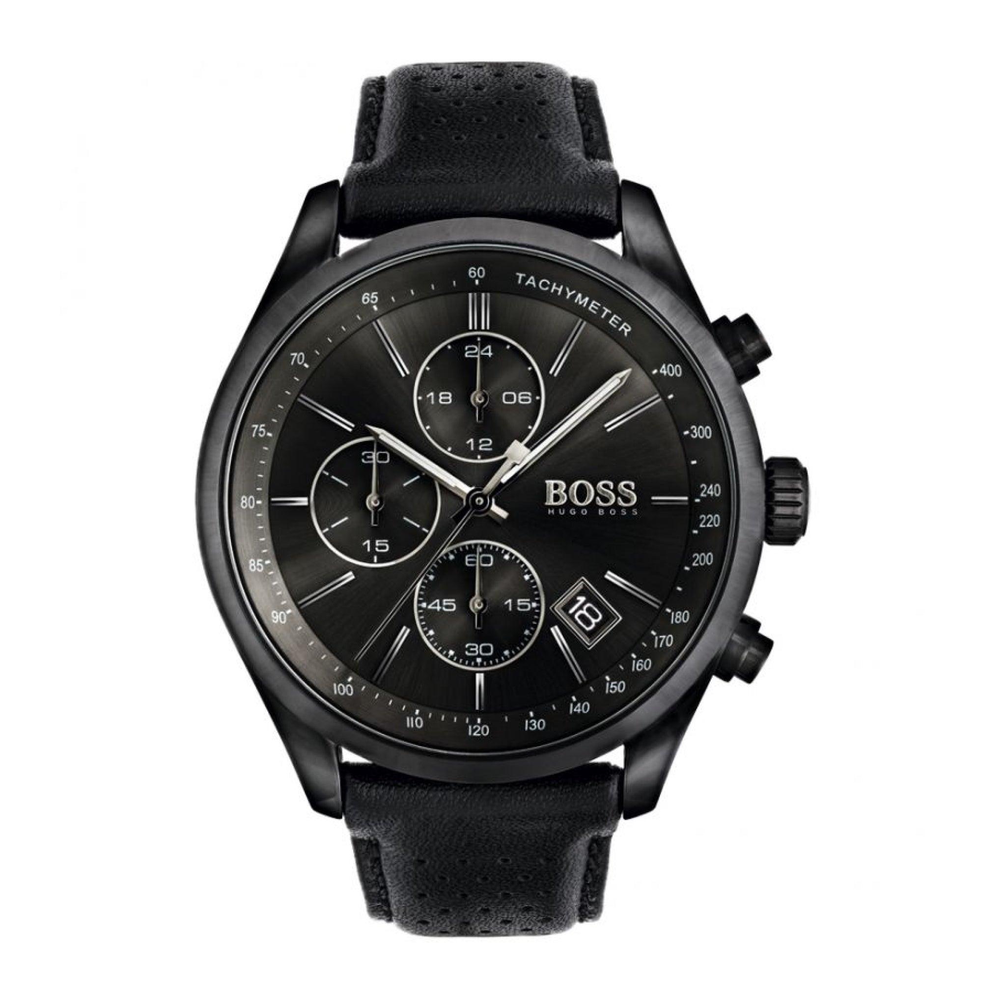 ساعة يد رجالية بسوار جلدي - أسود - بحزام معدني مقاوم للصدأ هوغو بوس Hugo Boss Men's Chronograph Quartz Black Leather Strap Watch