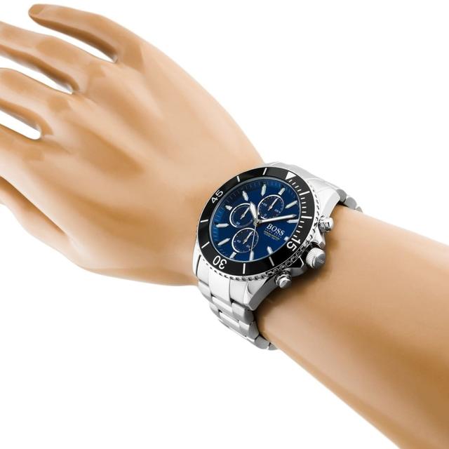 ساعة يد رجالية - أسود و أزرق - بحزام معدني فضي مقاوم للصدأ هوغو بوس Hugo Boss Men's Chronograph Quartz Stainless Steel Blue Dial Watch - SW1hZ2U6MTgyMTg0NQ==