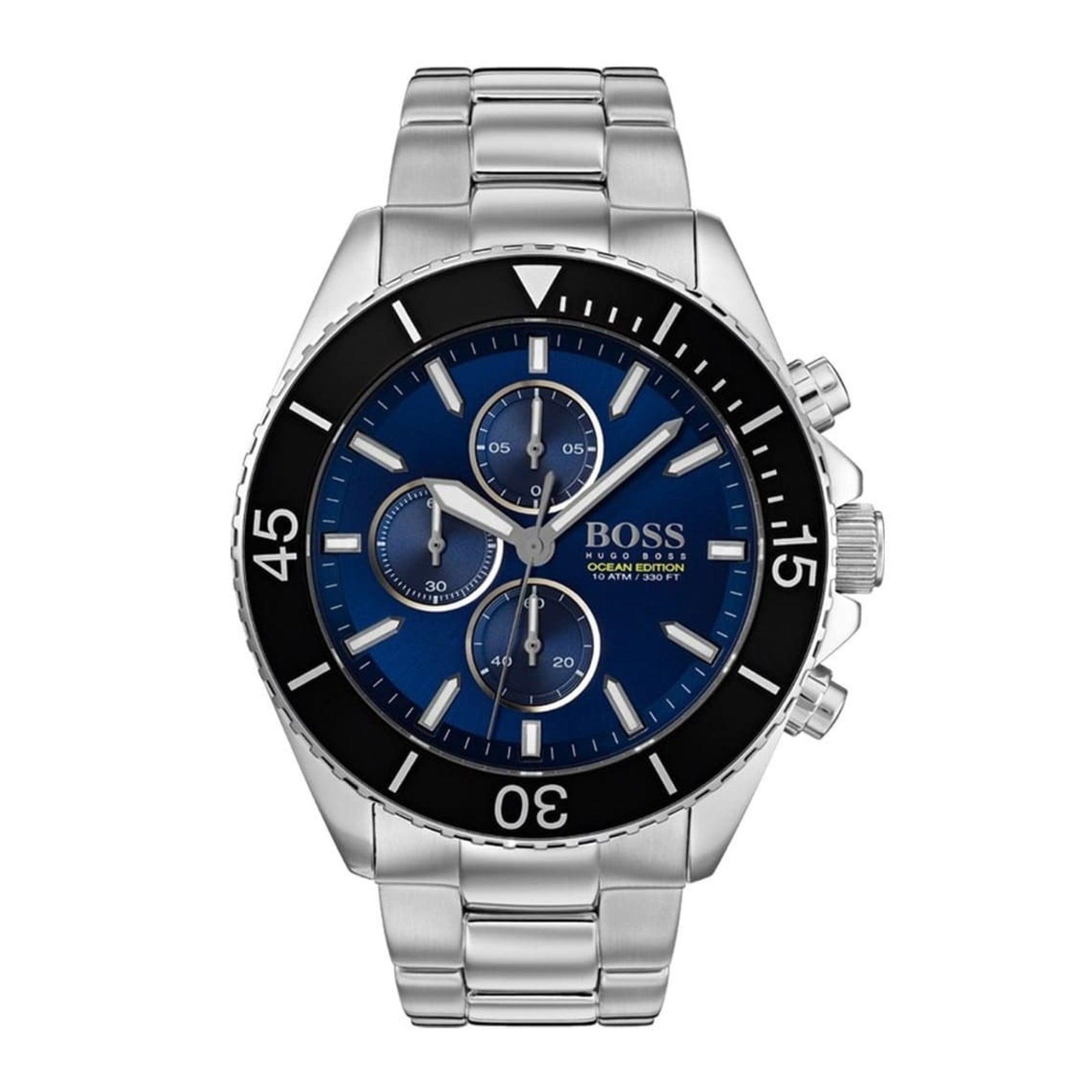 ساعة يد رجالية - أسود و أزرق - بحزام معدني فضي مقاوم للصدأ هوغو بوس Hugo Boss Men's Chronograph Quartz Stainless Steel Blue Dial Watch