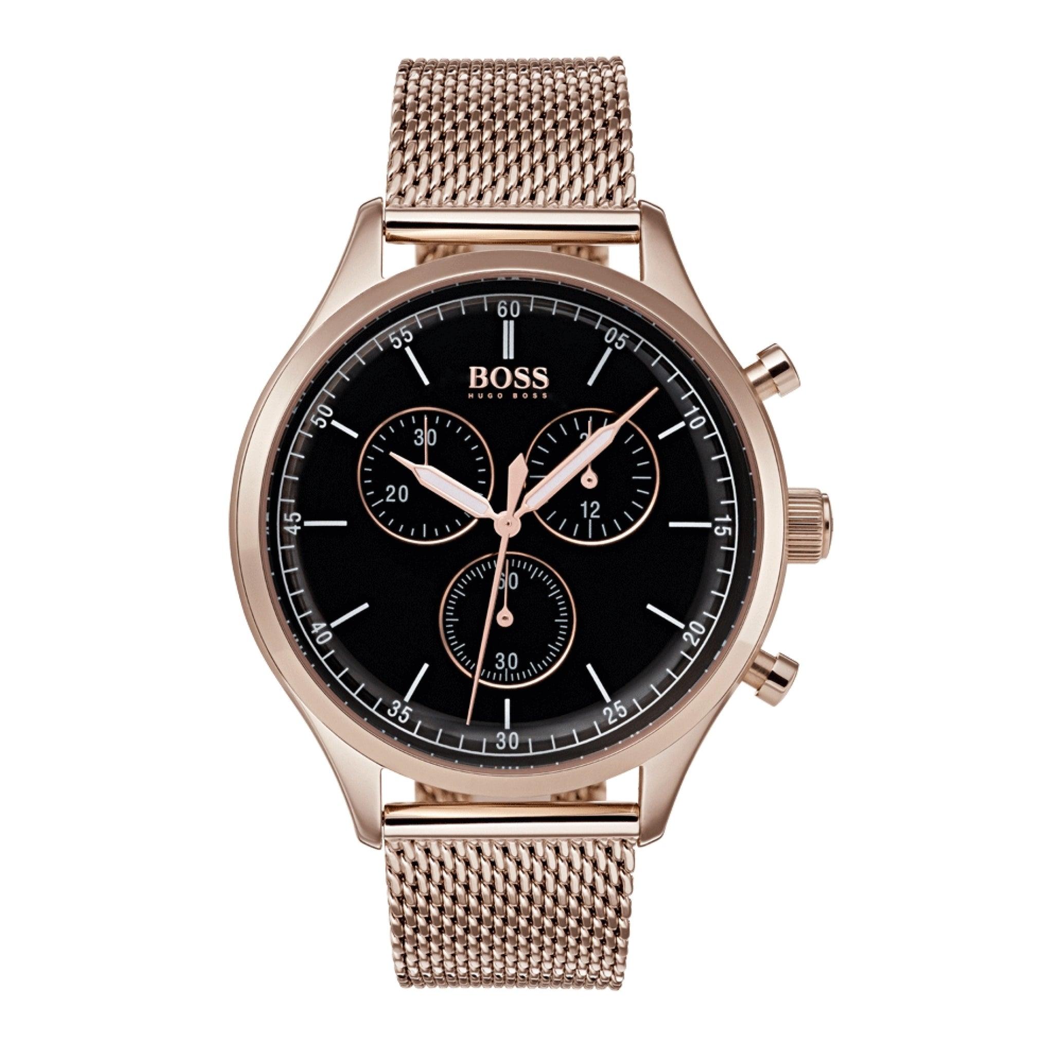 ساعة يد رجالية - أسود و ذهبي وردي- بحزام معدني مقاوم للصدأ هوغو بوس Hugo Boss Men's Classic Chronograph Rose Gold Stainless Steel Watch