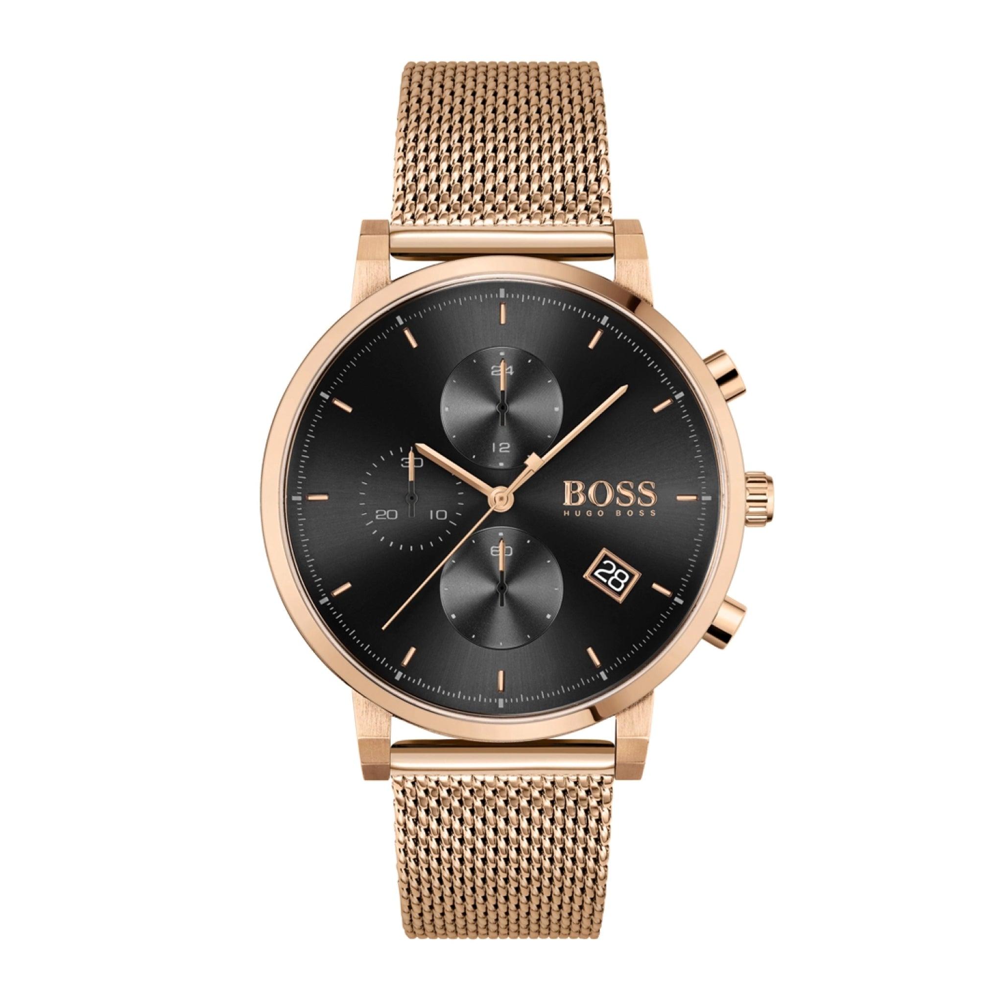 ساعة يد رجالية - ذهبي وردي- بحزام معدني مقاوم للصدأ هوغو بوس Hugo Boss Men's Integrity Black Dial Stainless Steel Quartz Watch