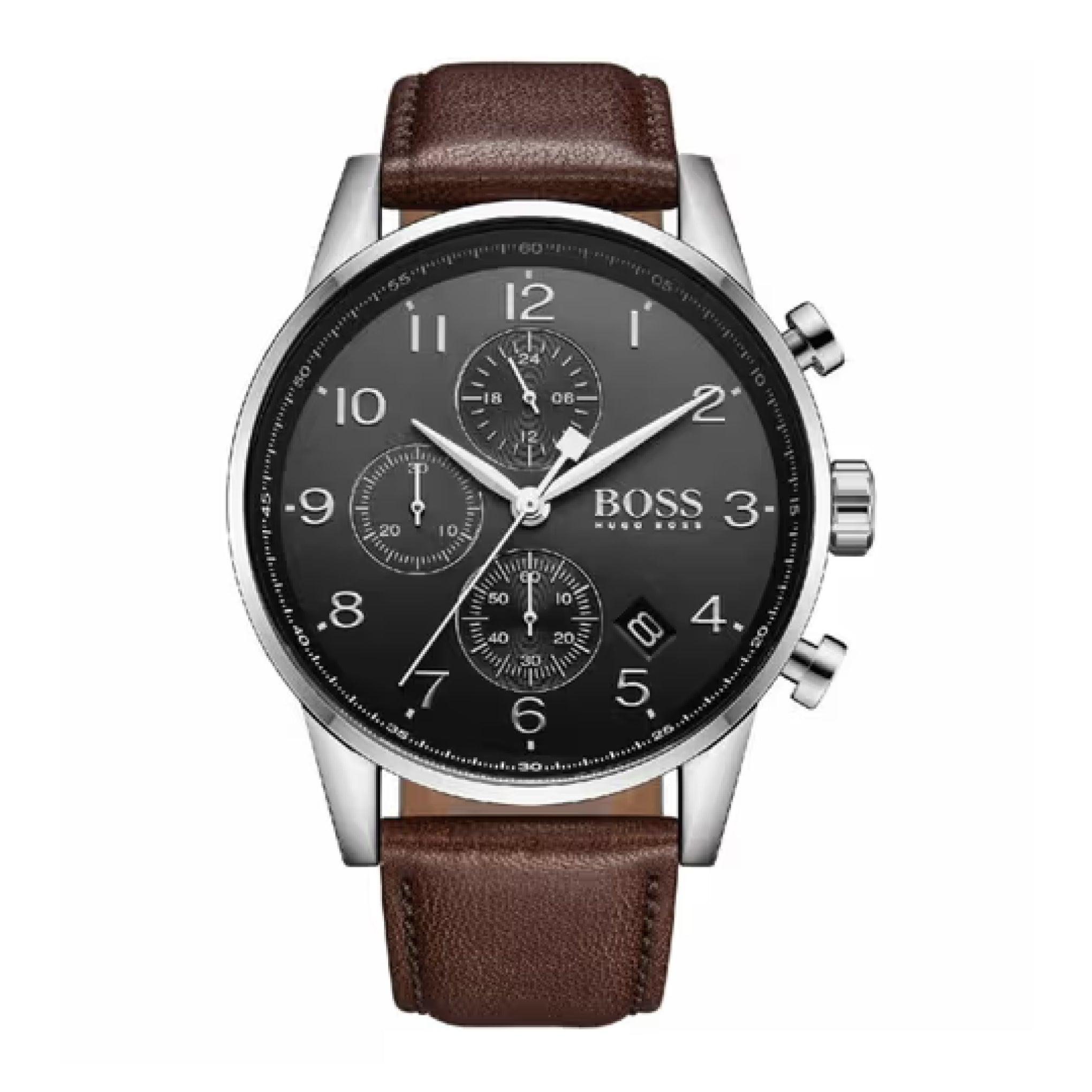 ساعة يد رجالية سوداء بحزام بني من الجلد الطبيعي هوغو بوسHugo Boss Men's Navigator Classic Chronograph Brown Leather Watch