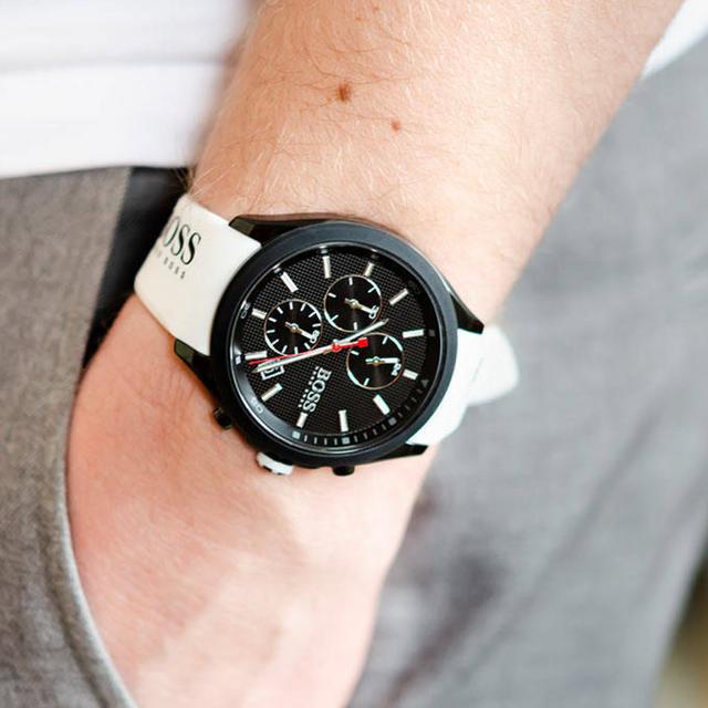 ساعة يد رجالية - أسود - بحزام من السيليكون هوغو بوس Hugo Boss Men's Quartz Chronograph Display And Silicone Strap Watch - SW1hZ2U6MTgyMTE1MA==