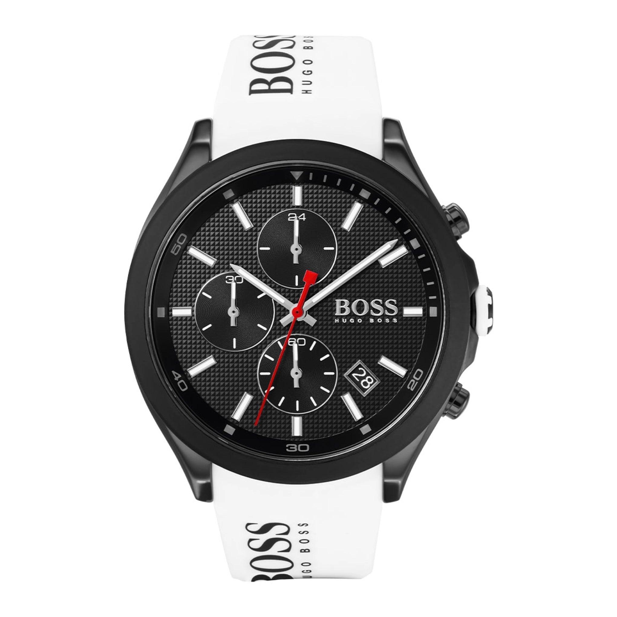 ساعة يد رجالية - أسود - بحزام من السيليكون هوغو بوس Hugo Boss Men's Quartz Chronograph Display And Silicone Strap Watch