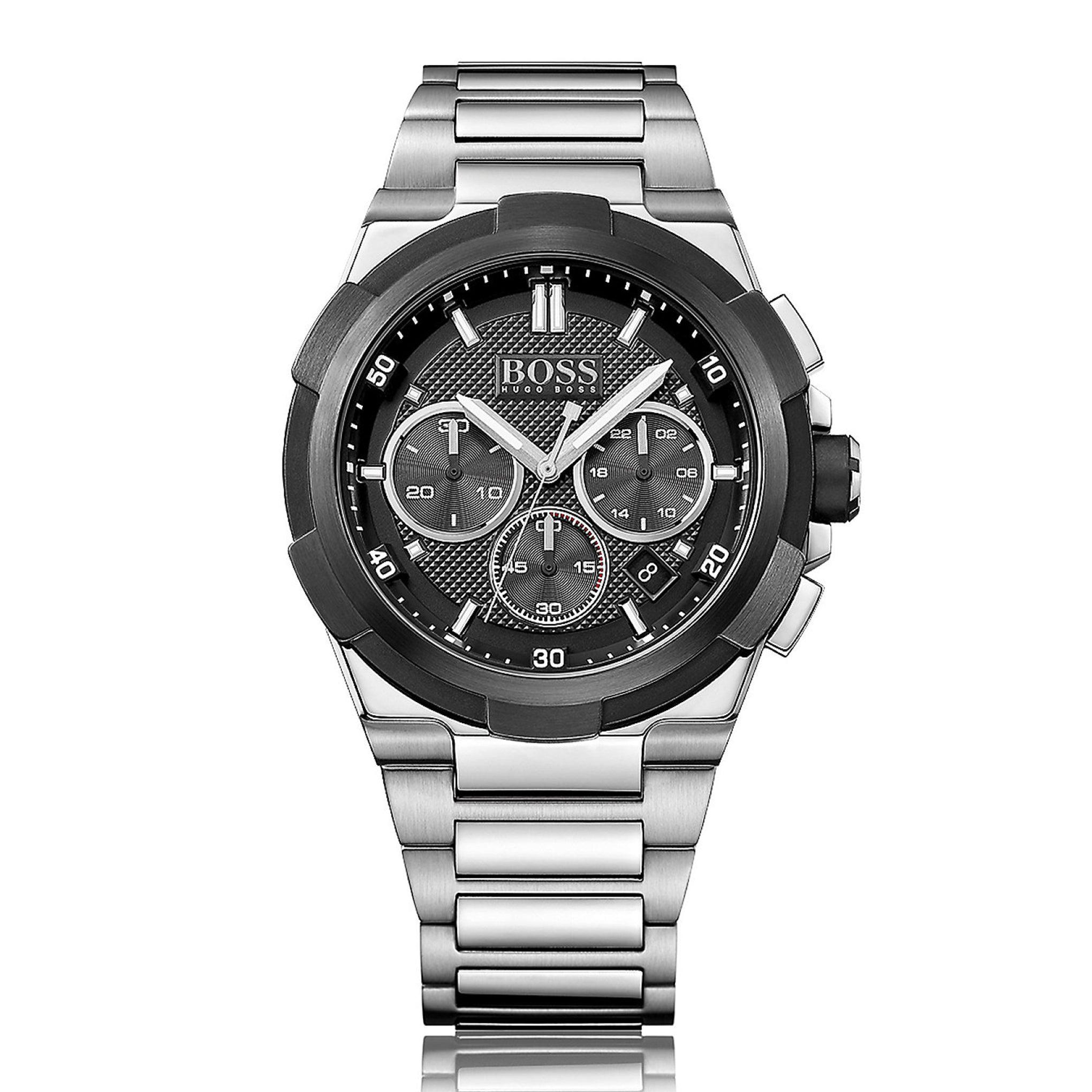 ساعة يد رجالية بمينا باللون الأسود و حزام معدني فضي مقاوم للصدأ هوغو بوس Hugo Boss Men's Supernova Stainless Steel Case And Link Bracelet Watch