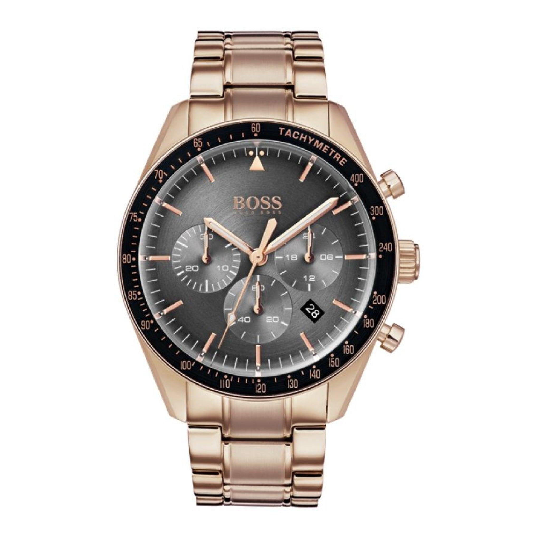 ساعة يد رجالية - ذهبي وردي - بحزام معدني مقاوم للصدأ هوغو بوس Hugo Boss Men's Trophy Chronograph Stainless Steel Band Watch