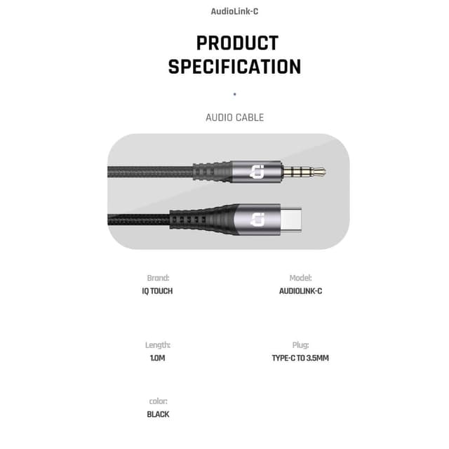 IQ Touch USB-C to 3.5mm Nylon braided 1 Meter Audio Cable