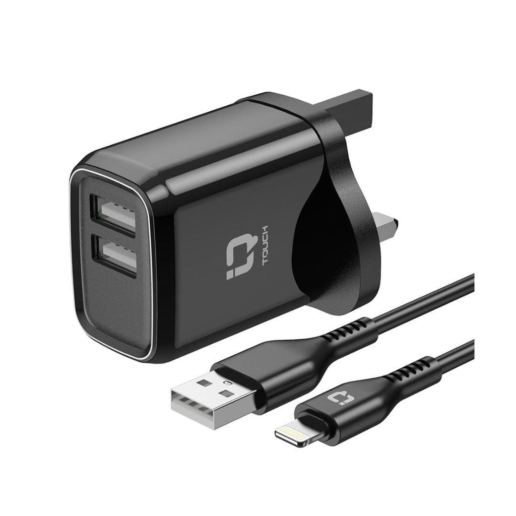 فيش جداري 12 واط اي كيو تاتش مع كابل ايفون 1 متر IQ Touch Dual Port Wall Charger With USB-A to Lightning Cable