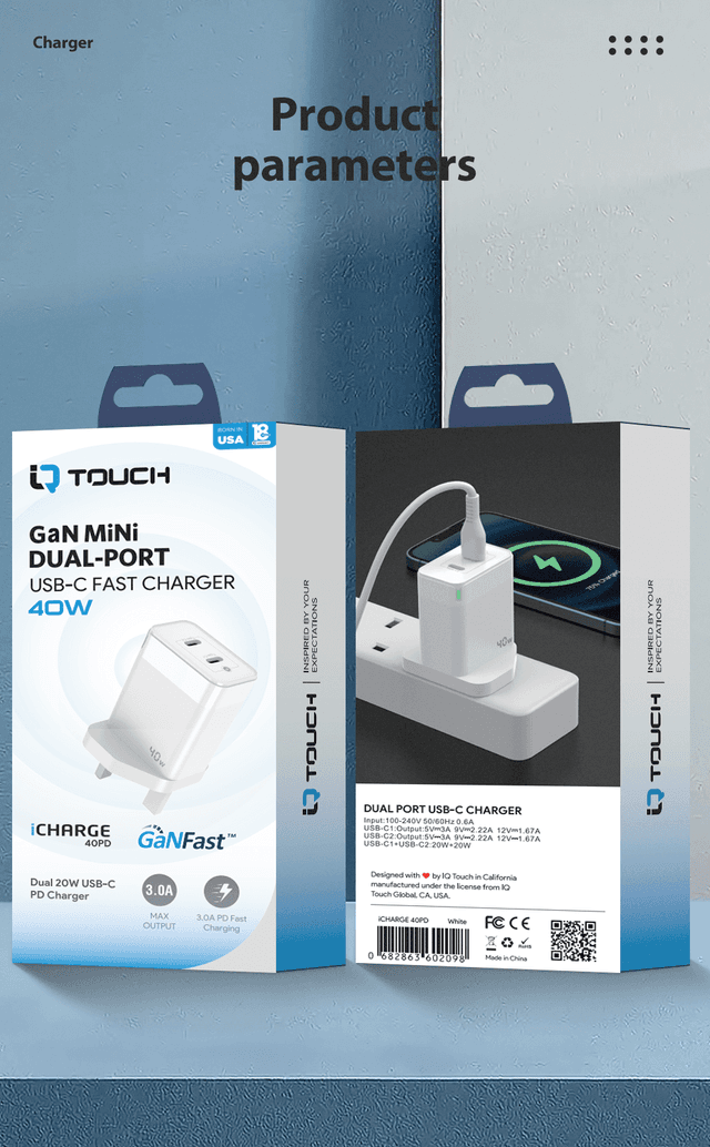 IQ Touch PD 40W Dual USB-C Wall Charger Powered by GaN Tech