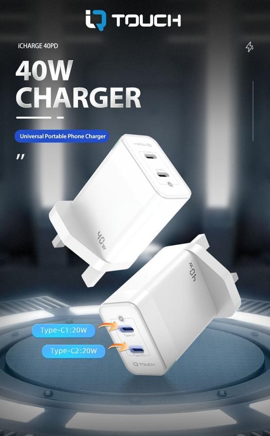 IQ Touch PD 40W Dual USB-C Wall Charger Powered by GaN Tech