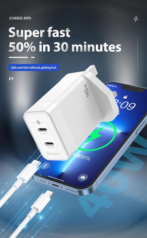 IQ Touch PD 40W Dual USB-C Wall Charger Powered by GaN Tech